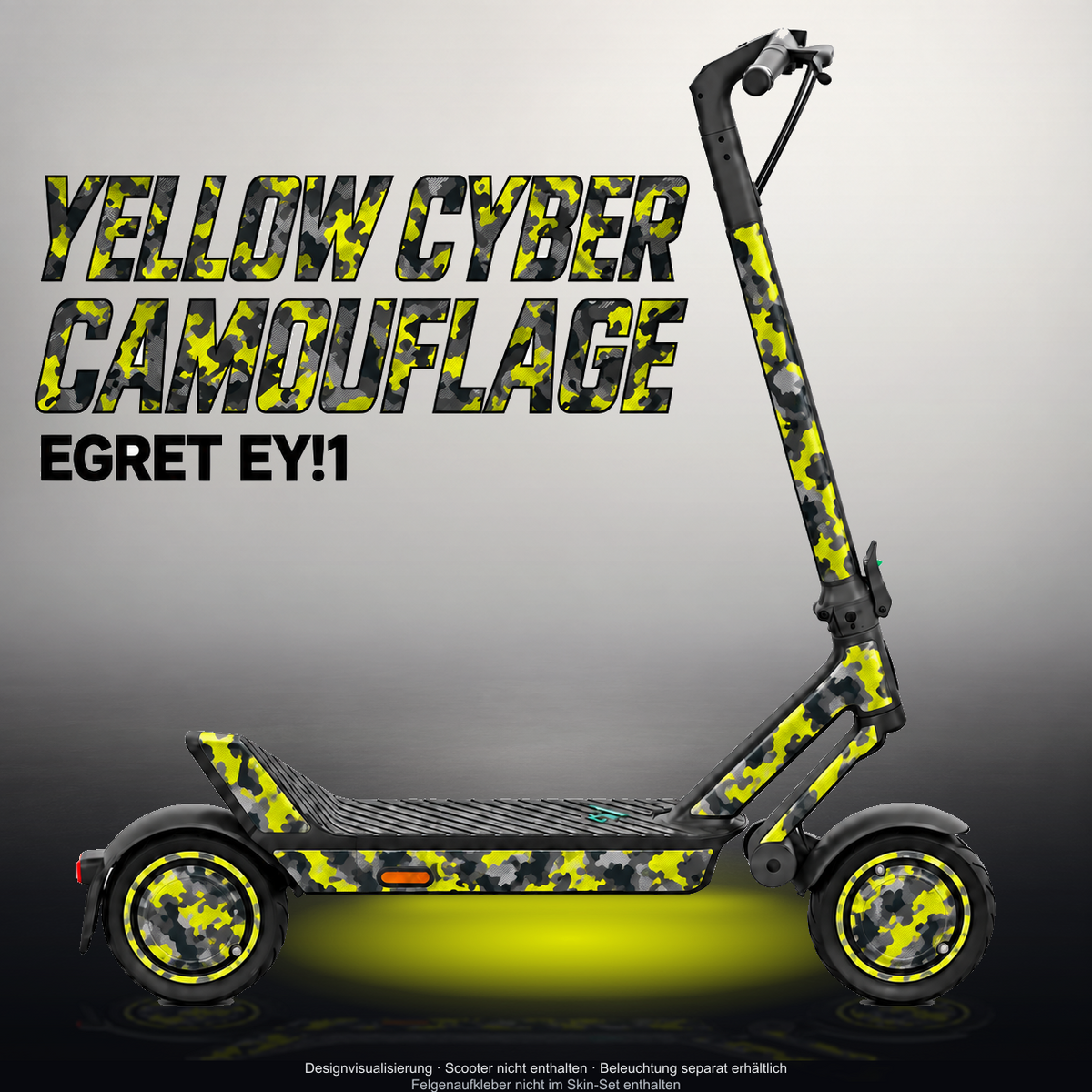 EGRET EY!1 SKIN | YELLOW CYBER CAMOUFLAGE – Designvisualisierung mit Licht in der Skinfarbe; Scooter nicht enthalten, Beleuchtung separat erhältlich