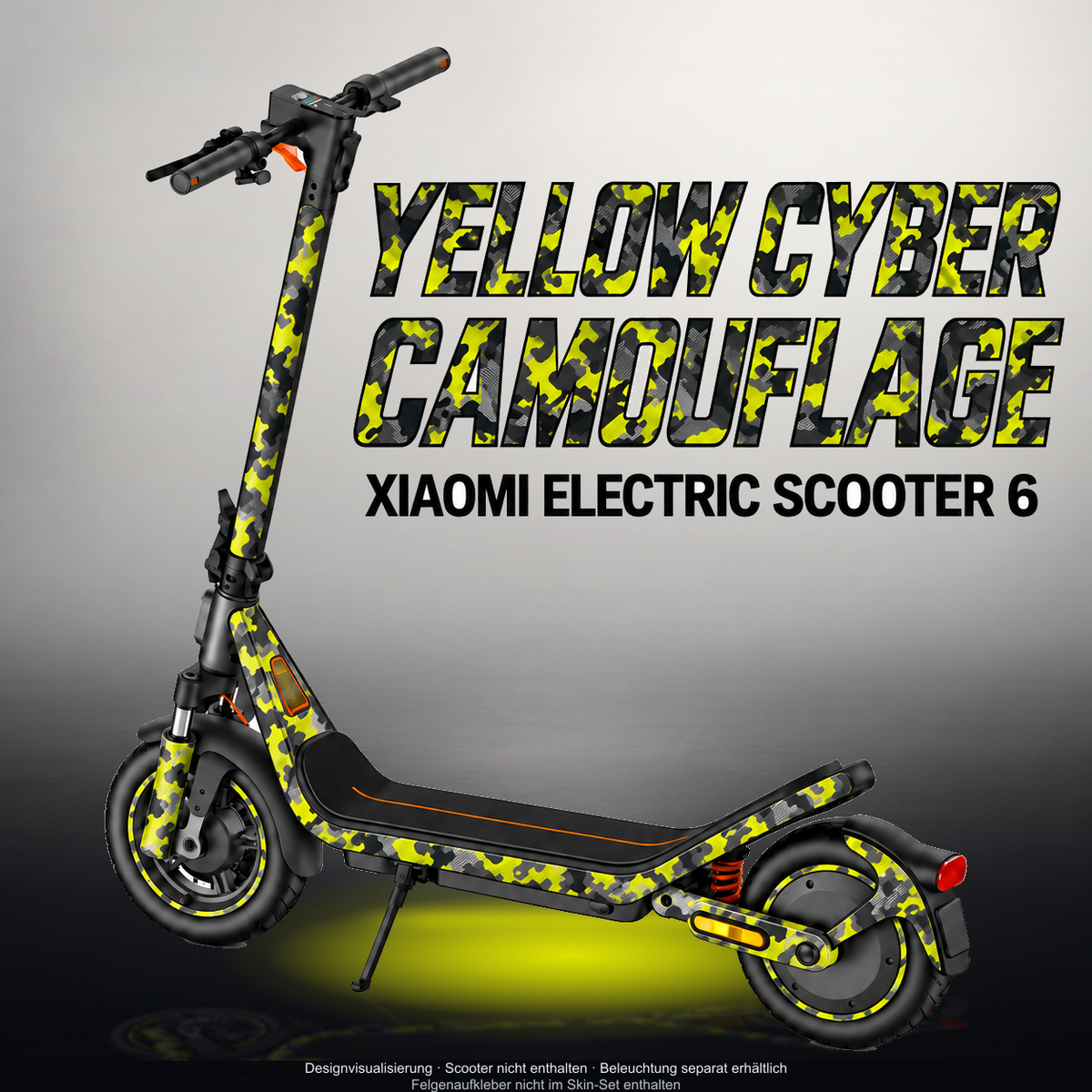 XIAOMI ELECTRIC SCOOTER 6 SKIN | YELLOW CYBER CAMOUFLAGE – Designvisualisierung mit Licht in der Skinfarbe; Scooter nicht enthalten, Beleuchtung separat erhältlich