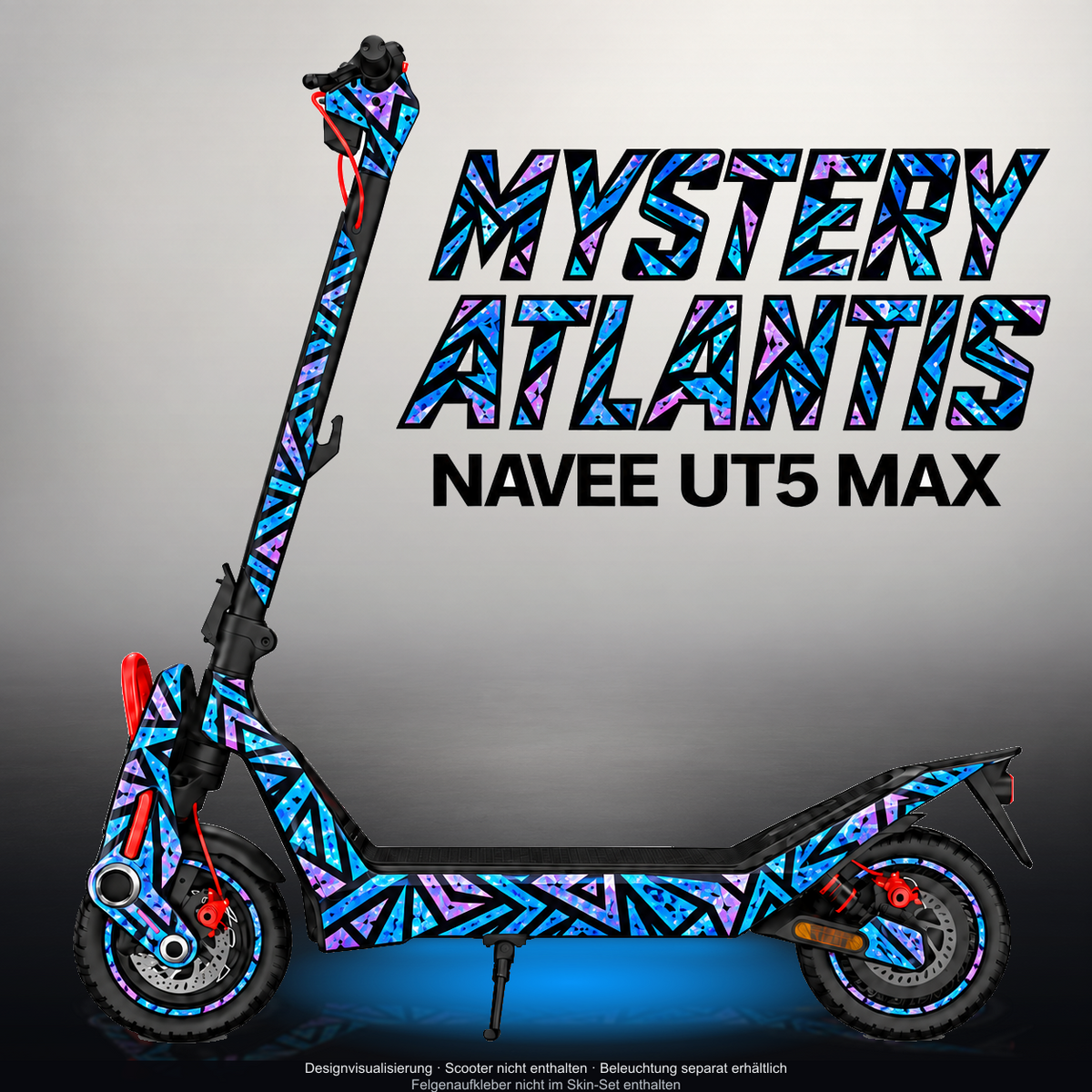 NAVEE UT5 MAX SKIN | MYSTERY ATLANTIS – Designvisualisierung mit Licht in der Skinfarbe; Scooter nicht enthalten, Beleuchtung separat erhältlich