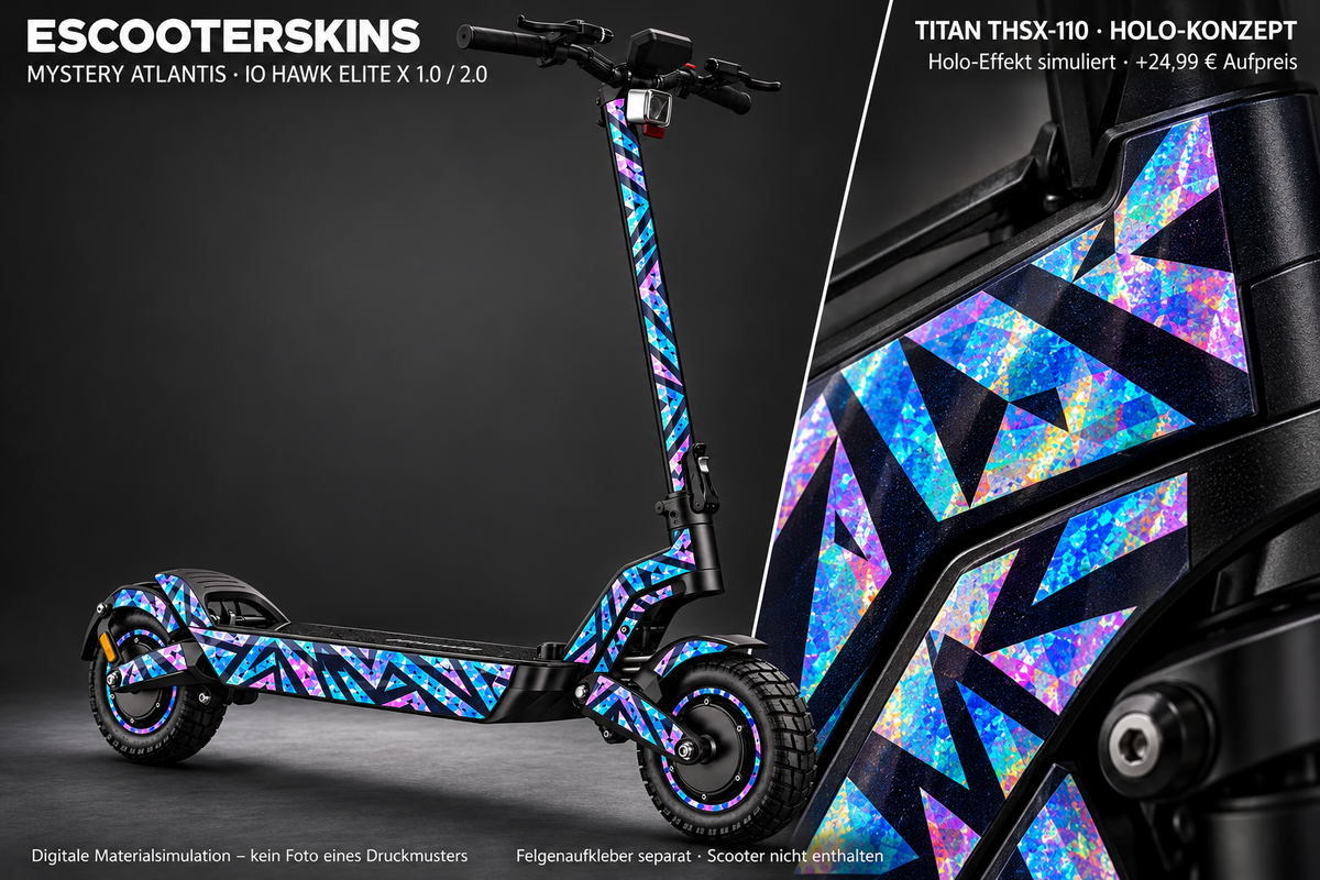 IO HAWK ELITE X 1.0 / 2.0 SKIN | MYSTERY ATLANTIS – Holo-Effekt simuliert; +24,99 EUR Aufpreis. Digitale Materialsimulation, keine physische Druckprobe. Nur Body-Skin; Scooter und Felgenaufkleber nicht enthalten.
