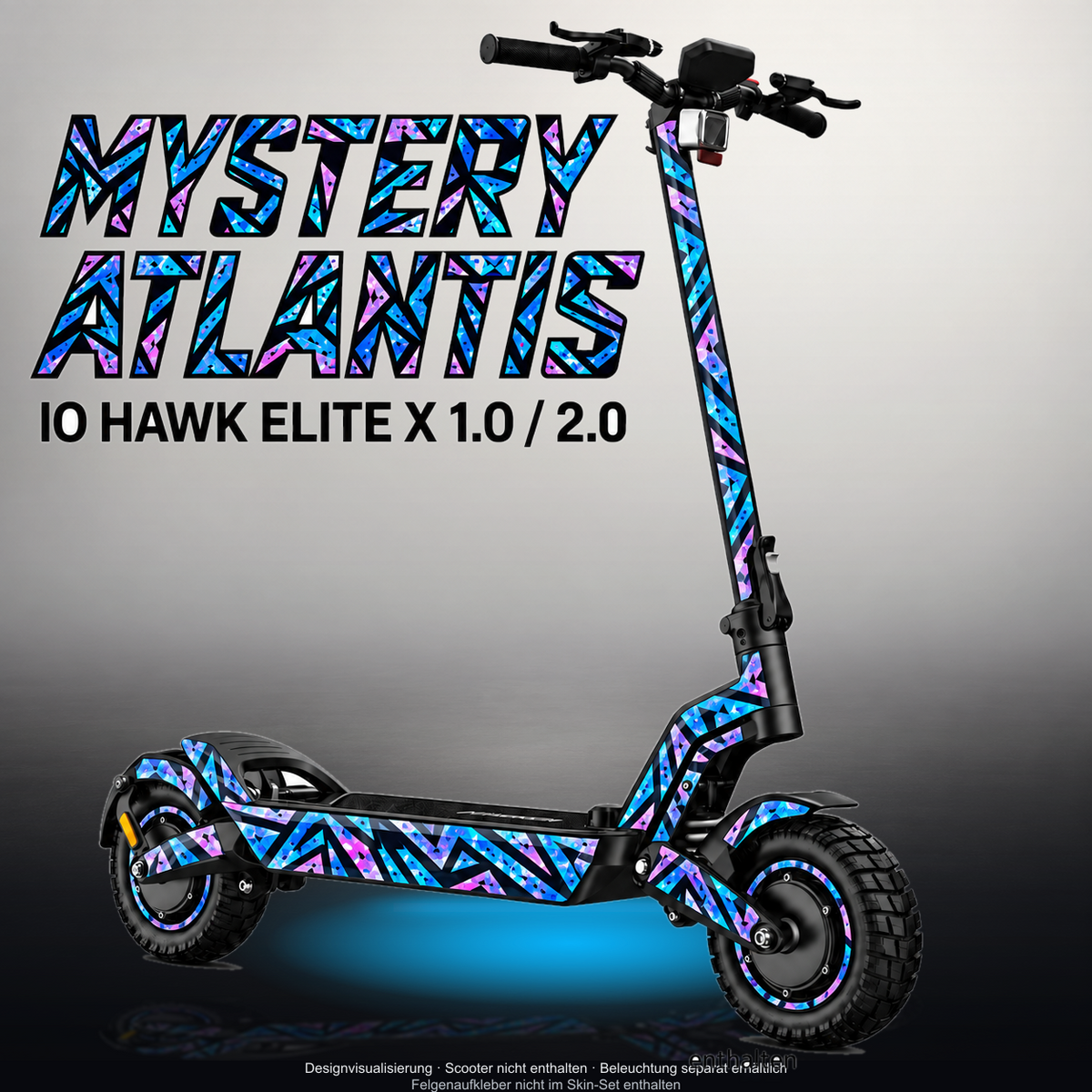 IO HAWK ELITE X 1.0 / 2.0 SKIN | MYSTERY ATLANTIS – Designvisualisierung mit Licht in der Skinfarbe; Scooter nicht enthalten, Beleuchtung separat erhältlich