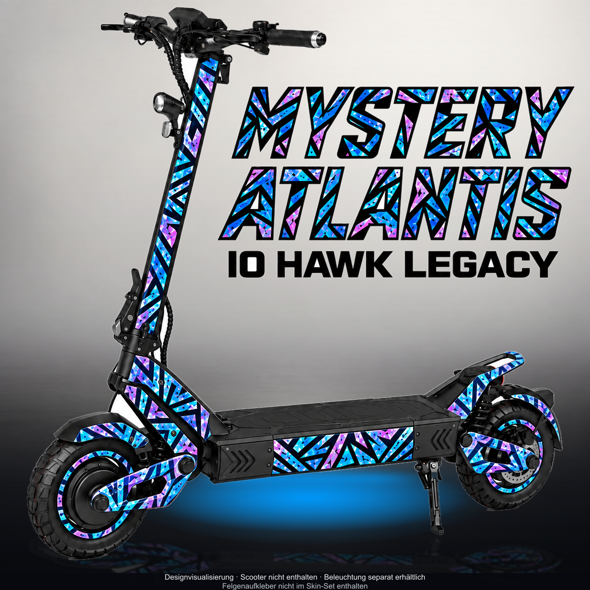IO HAWK LEGACY SKIN | MYSTERY ATLANTIS – Designvisualisierung mit Licht in der Skinfarbe; Scooter nicht enthalten, Beleuchtung separat erhältlich