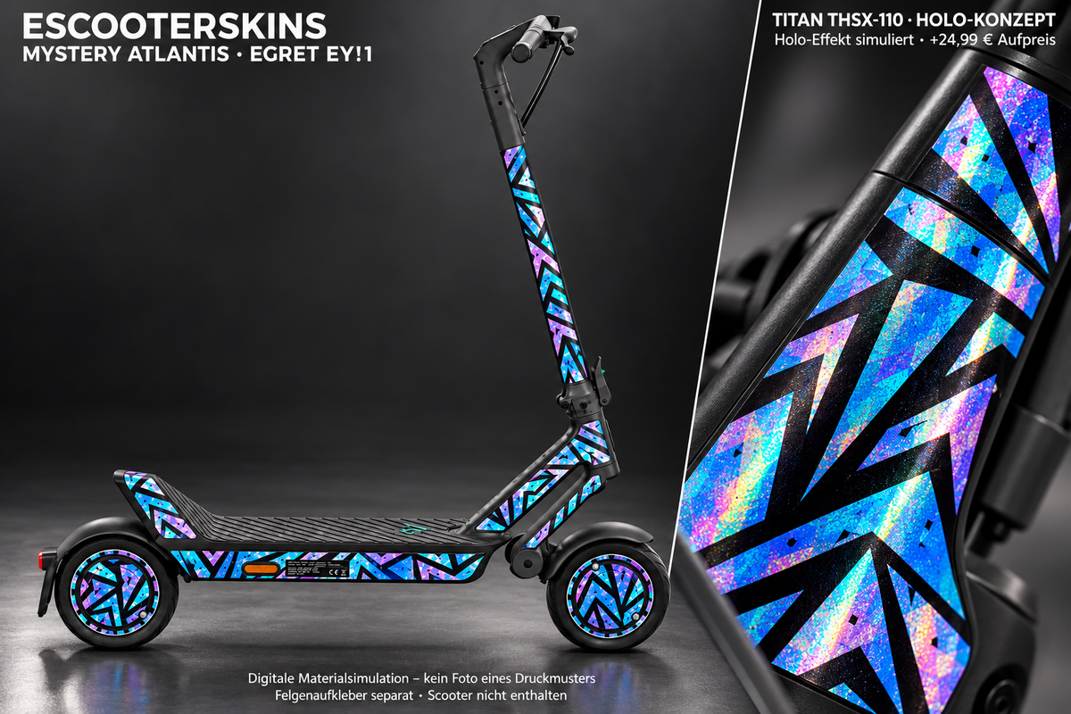 EGRET EY!1 SKIN | MYSTERY ATLANTIS – Holo-Effekt simuliert; +24,99 EUR Aufpreis. Digitale Materialsimulation, keine physische Druckprobe. Nur Body-Skin; Scooter und Felgenaufkleber nicht enthalten.