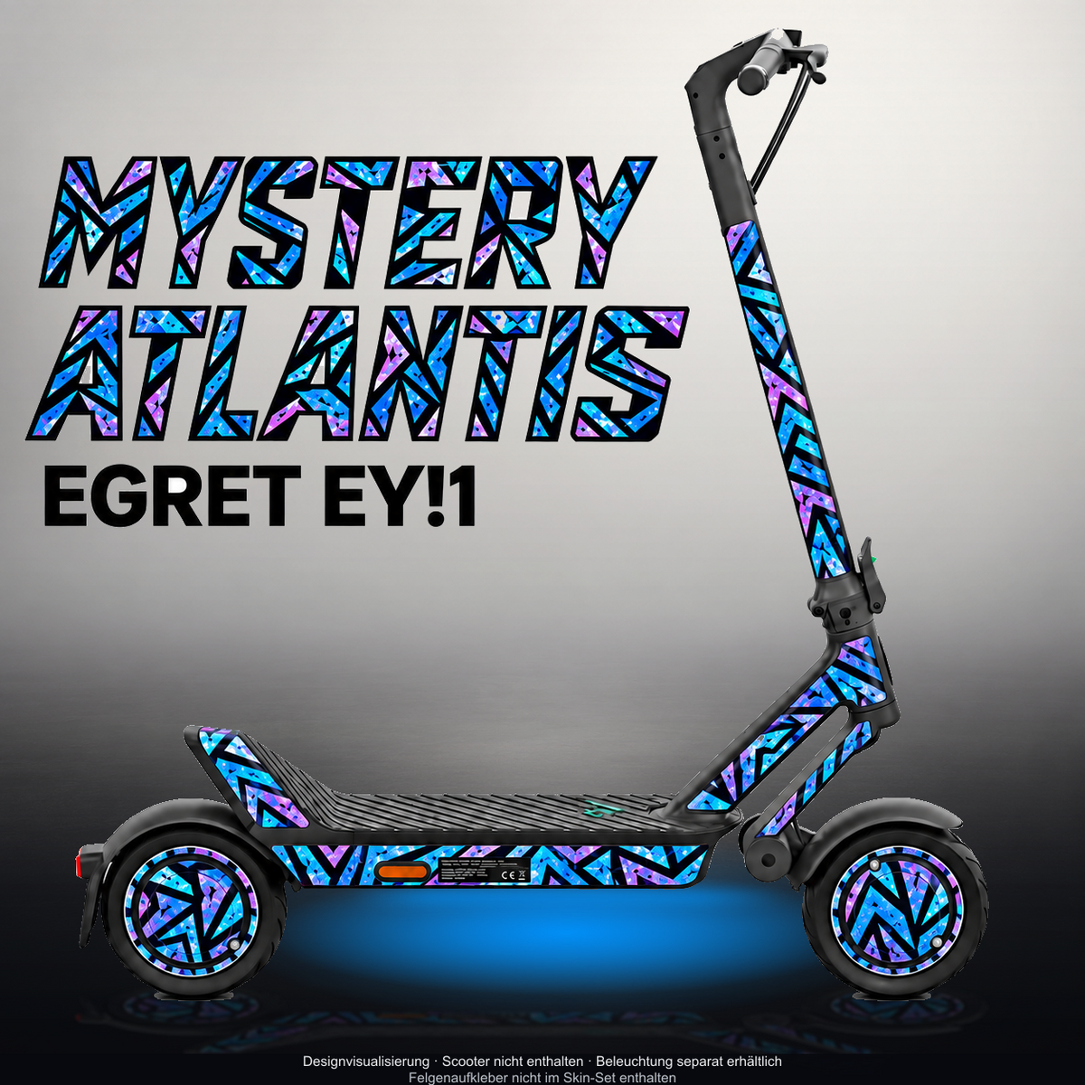 EGRET EY!1 SKIN | MYSTERY ATLANTIS – Designvisualisierung mit Licht in der Skinfarbe; Scooter nicht enthalten, Beleuchtung separat erhältlich