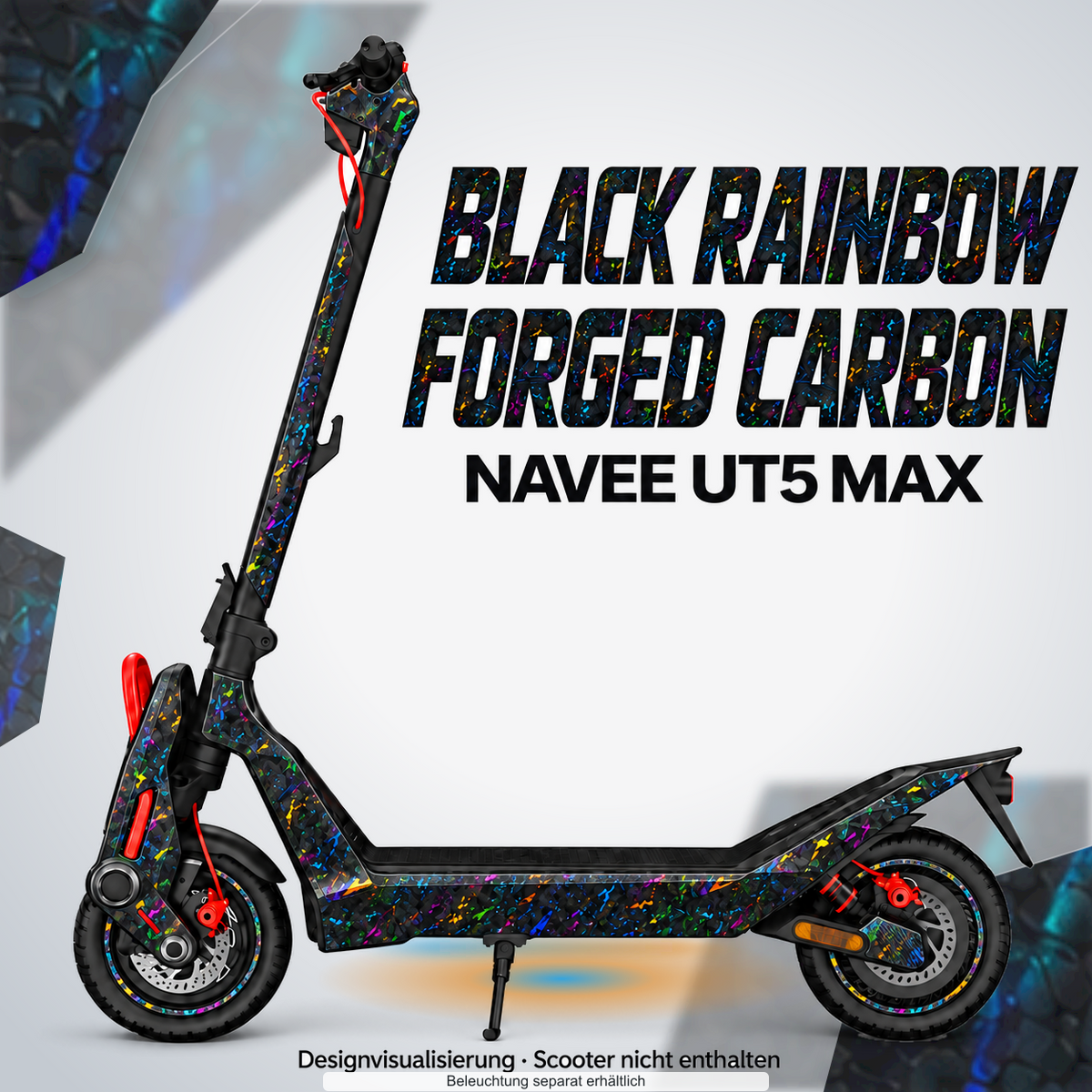 NAVEE UT5 MAX SKIN | BLACK RAINBOW FORGED CARBON – Designvisualisierung mit farblich passendem Lichtschein. Scooter nicht enthalten; Beleuchtung separat erhältlich.