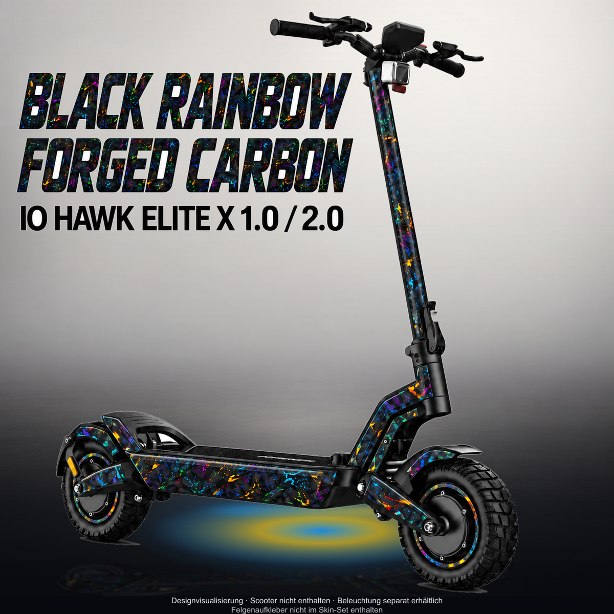 IO HAWK ELITE X 1.0 / 2.0 SKIN | BLACK RAINBOW FORGED CARBON – Designvisualisierung mit Licht in der Skinfarbe; Scooter nicht enthalten, Beleuchtung separat erhältlich