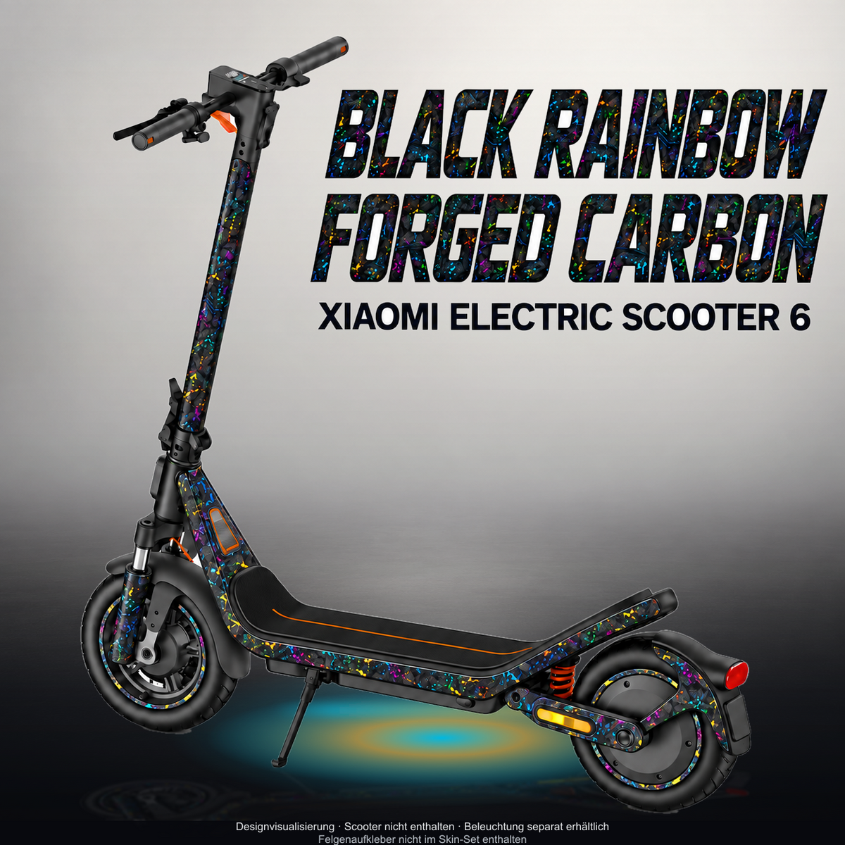 XIAOMI ELECTRIC SCOOTER 6 SKIN | BLACK RAINBOW FORGED CARBON – Designvisualisierung mit Licht in der Skinfarbe; Scooter nicht enthalten, Beleuchtung separat erhältlich