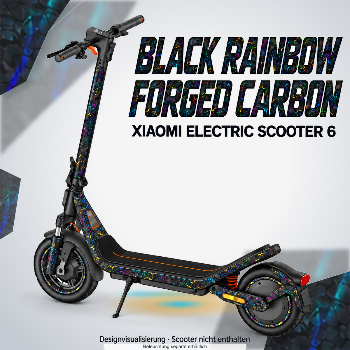 XIAOMI ELECTRIC SCOOTER 6 SKIN | BLACK RAINBOW FORGED CARBON – Designvisualisierung mit farblich passendem Lichtschein. Scooter nicht enthalten; Beleuchtung separat erhältlich.
