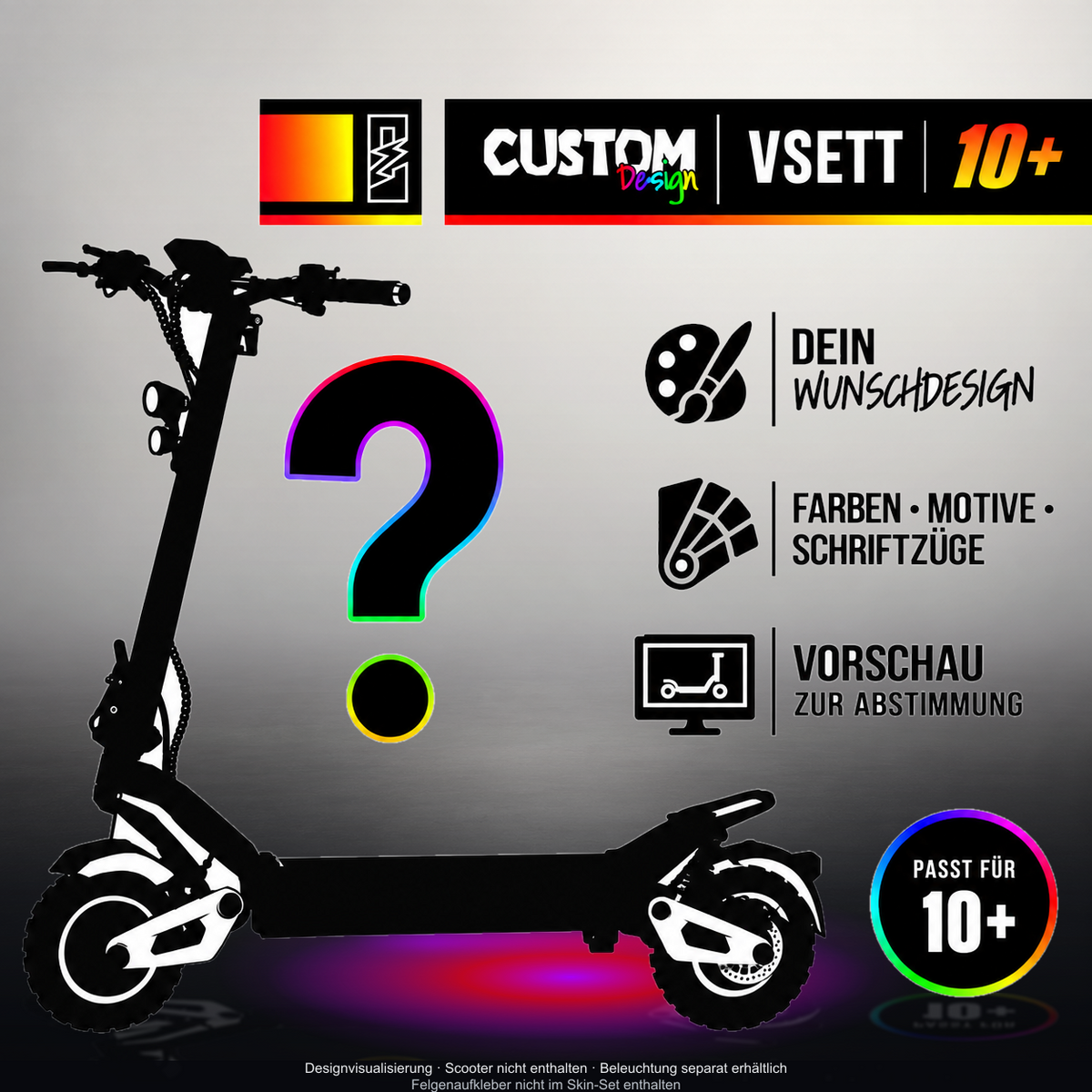 VSETT 10+ SKIN | CUSTOM – Designvisualisierung mit Licht in der Skinfarbe; Scooter nicht enthalten, Beleuchtung separat erhältlich