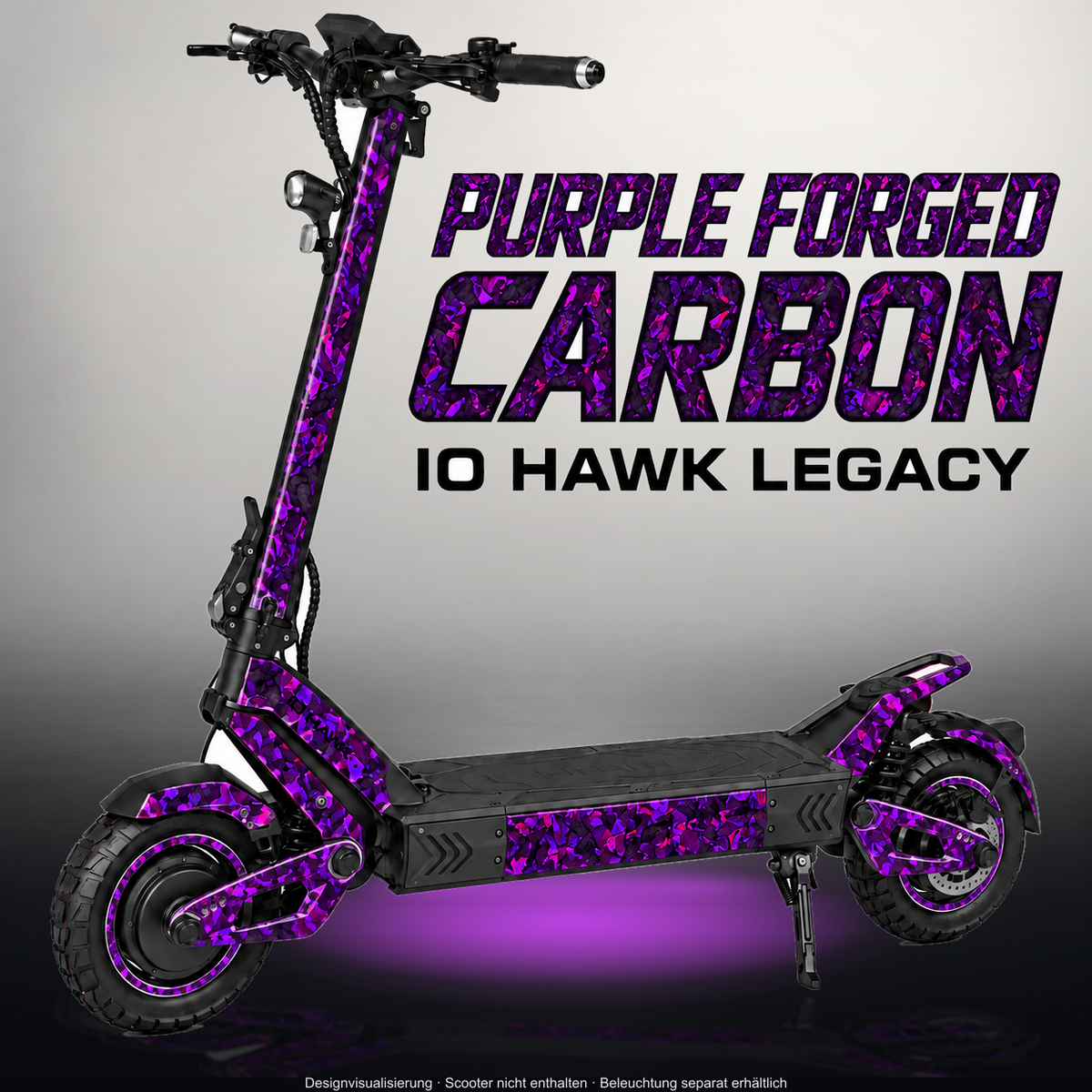 VSETT 10+ SKIN | PURPLE FORGED CARBON – Designvisualisierung im Studio-Look mit Licht in der Skinfarbe; Scooter nicht enthalten, Beleuchtung separat erhältlich