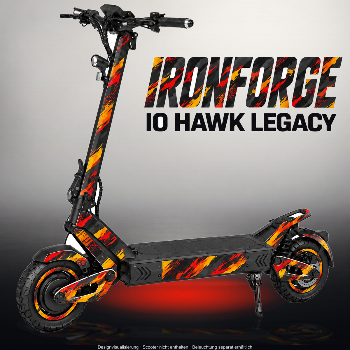 VSETT 10+ SKIN | IRONFORGE – Designvisualisierung im Studio-Look mit Licht in der Skinfarbe; Scooter nicht enthalten, Beleuchtung separat erhältlich
