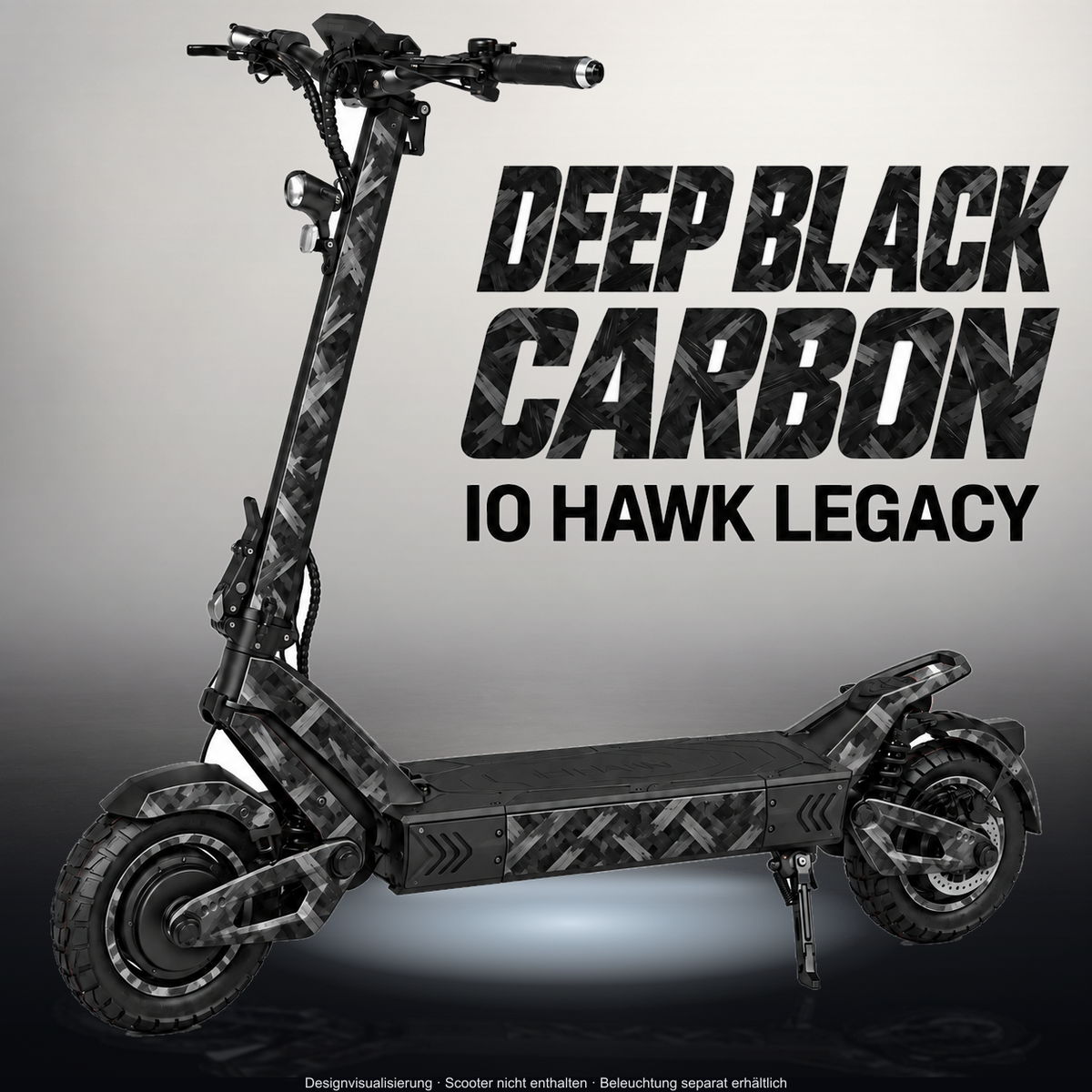 VSETT 10+ SKIN | DEEP BLACK CARBON – Designvisualisierung im Studio-Look mit Licht in der Skinfarbe; Scooter nicht enthalten, Beleuchtung separat erhältlich