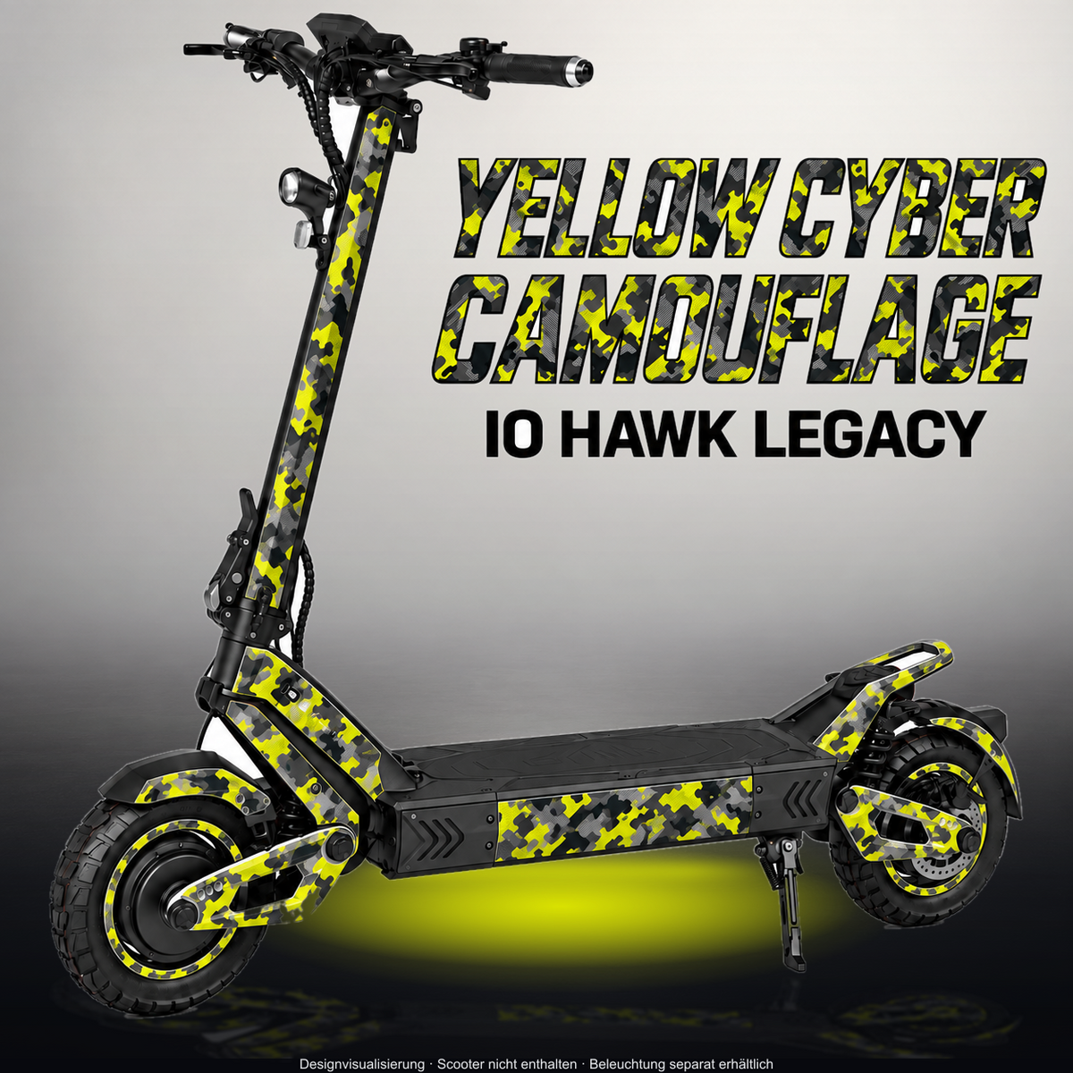 VSETT 10+ SKIN | YELLOW CYBER CAMOUFLAGE – Designvisualisierung im Studio-Look mit Licht in der Skinfarbe; Scooter nicht enthalten, Beleuchtung separat erhältlich