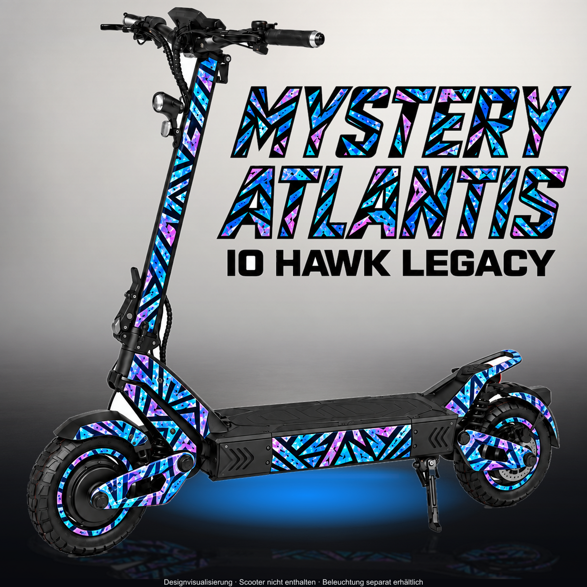 VSETT 10+ SKIN | MYSTERY ATLANTIS – Designvisualisierung im Studio-Look mit Licht in der Skinfarbe; Scooter nicht enthalten, Beleuchtung separat erhältlich