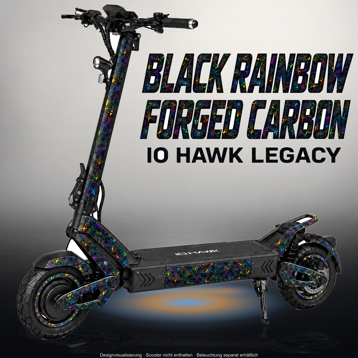 VSETT 10+ SKIN | BLACK RAINBOW FORGED CARBON – Designvisualisierung im Studio-Look mit Licht in der Skinfarbe; Scooter nicht enthalten, Beleuchtung separat erhältlich