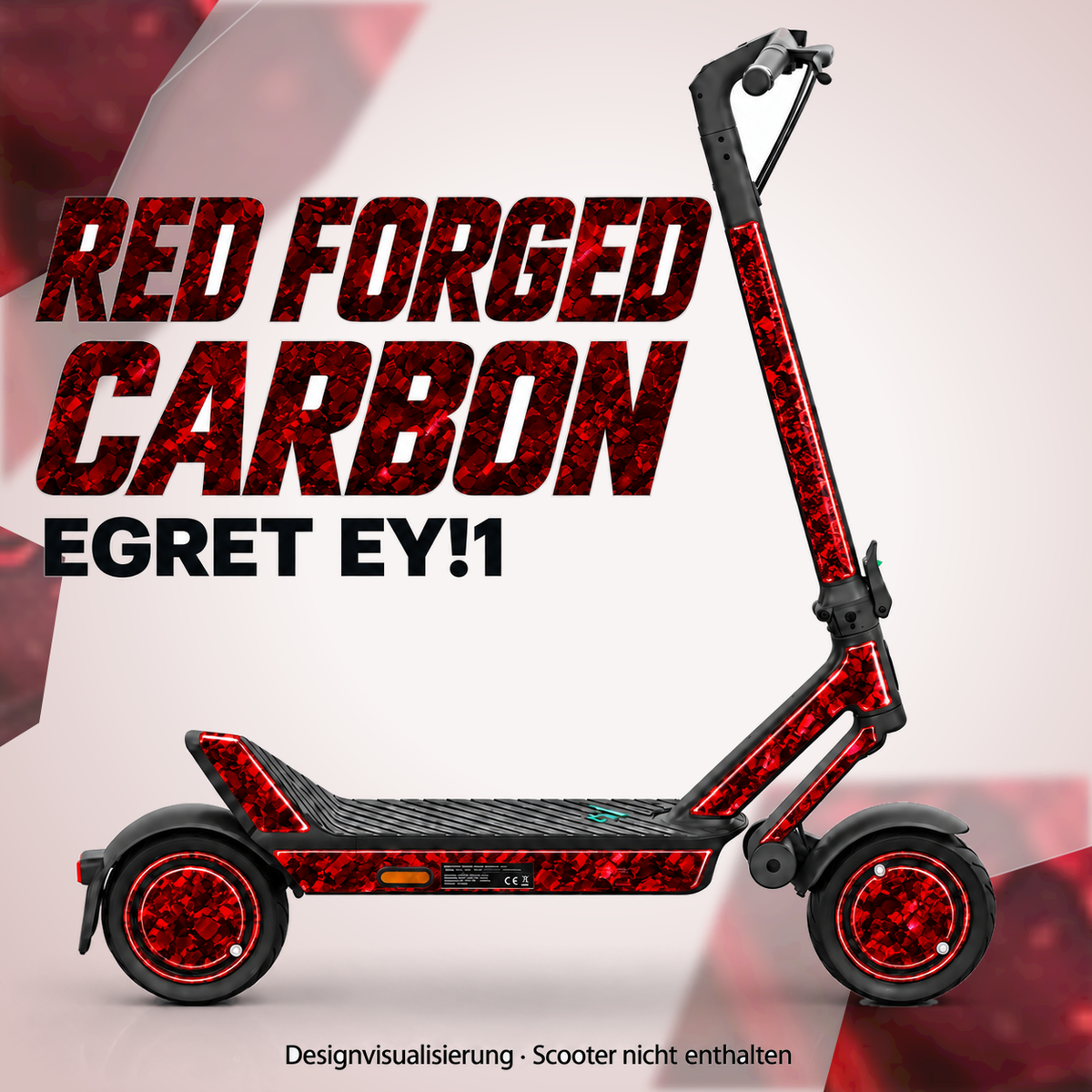 Egret Ey!1 Skin RED FORGED CARBON – Designvisualisierung. Reifenaufkleber separat erhältlich. Scooter nicht enthalten.