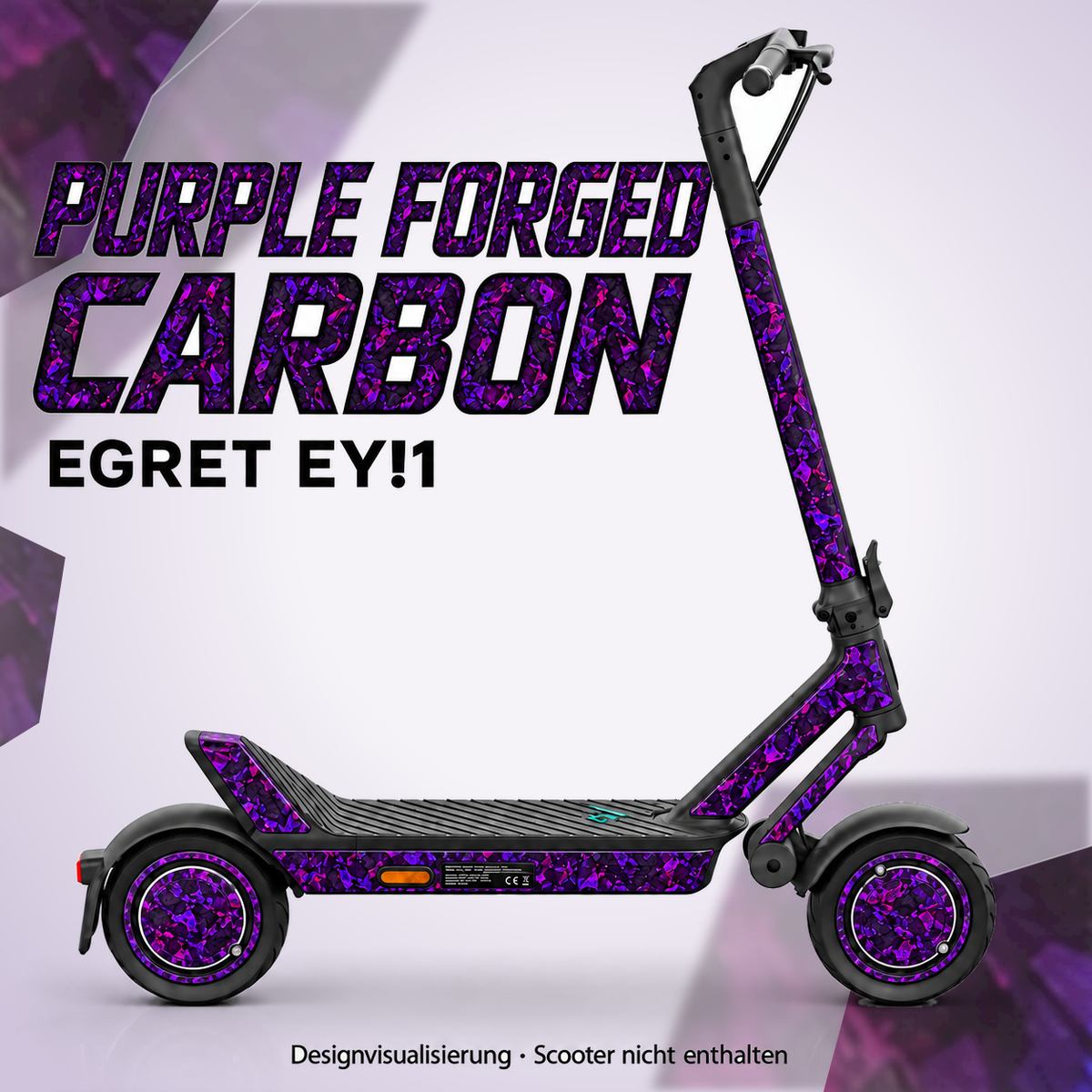 Egret Ey!1 Skin PURPLE FORGED CARBON – Designvisualisierung. Reifenaufkleber separat erhältlich. Scooter nicht enthalten.