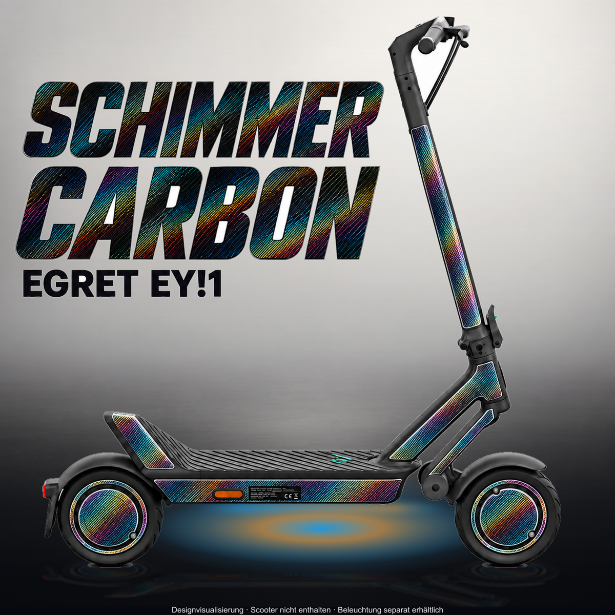 YADEA ELITEPRIME SKIN | SCHIMMER CARBON – Designvisualisierung im Studio-Look mit Licht in der Skinfarbe; Scooter nicht enthalten, Beleuchtung separat erhältlich