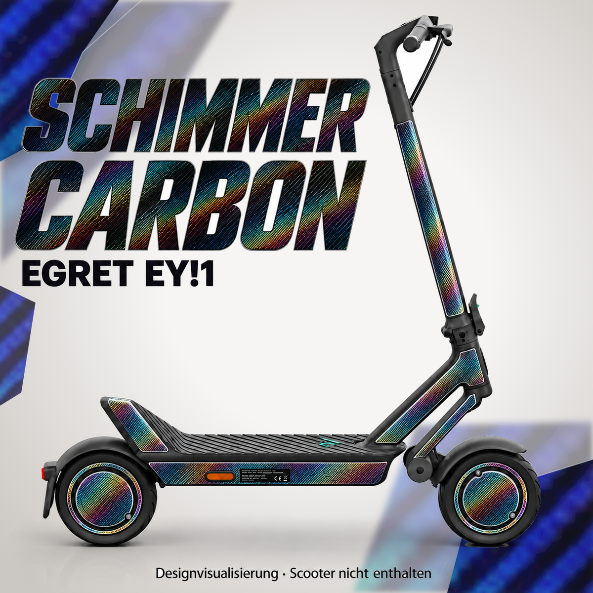 Egret Ey!1 Skin SCHIMMER CARBON – Designvisualisierung. Reifenaufkleber separat erhältlich. Scooter nicht enthalten.