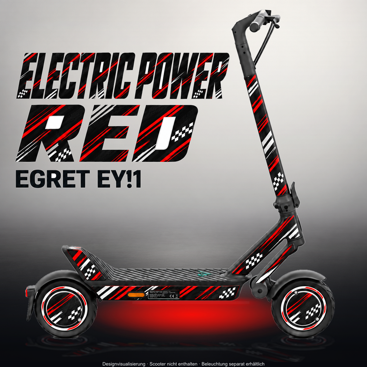 YADEA ELITEPRIME SKIN | ELECTRIC POWER RED – Designvisualisierung im Studio-Look mit Licht in der Skinfarbe; Scooter nicht enthalten, Beleuchtung separat erhältlich