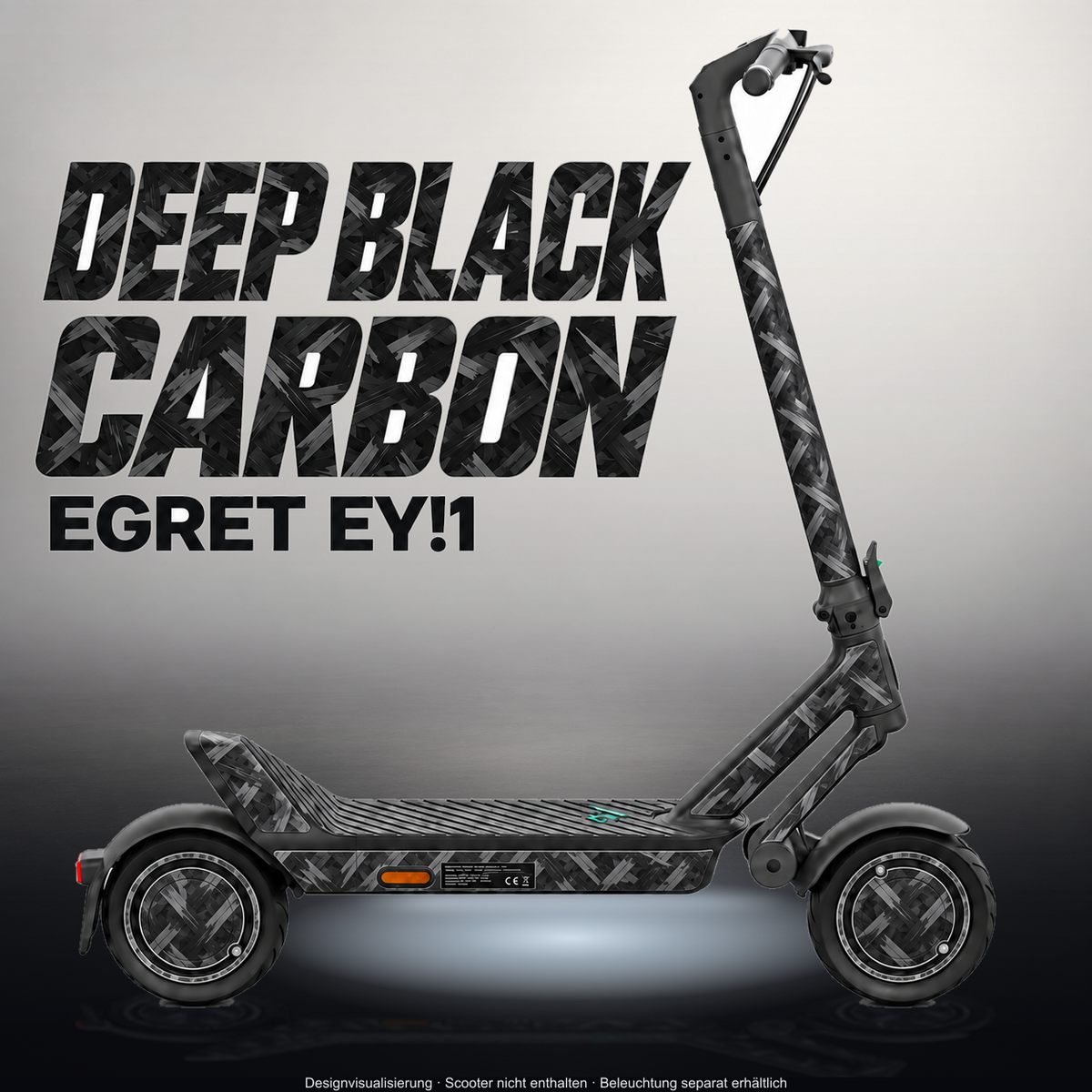 YADEA ELITEPRIME SKIN | DEEP BLACK CARBON – Designvisualisierung im Studio-Look mit Licht in der Skinfarbe; Scooter nicht enthalten, Beleuchtung separat erhältlich