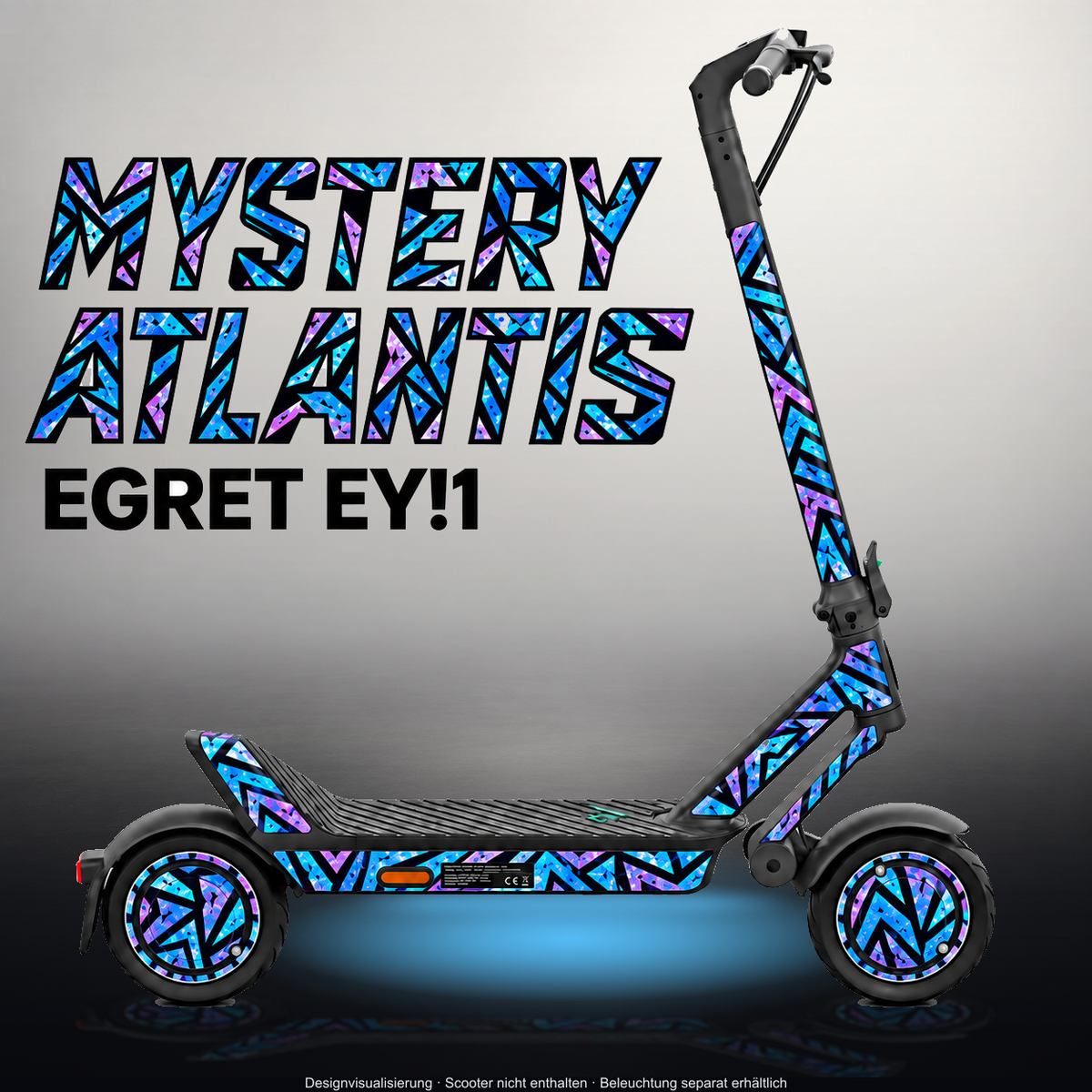 YADEA ELITEPRIME SKIN | MYSTERY ATLANTIS – Designvisualisierung im Studio-Look mit Licht in der Skinfarbe; Scooter nicht enthalten, Beleuchtung separat erhältlich