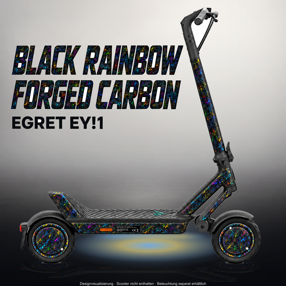 YADEA ELITEPRIME SKIN | BLACK RAINBOW FORGED CARBON – Designvisualisierung im Studio-Look mit Licht in der Skinfarbe; Scooter nicht enthalten, Beleuchtung separat erhältlich