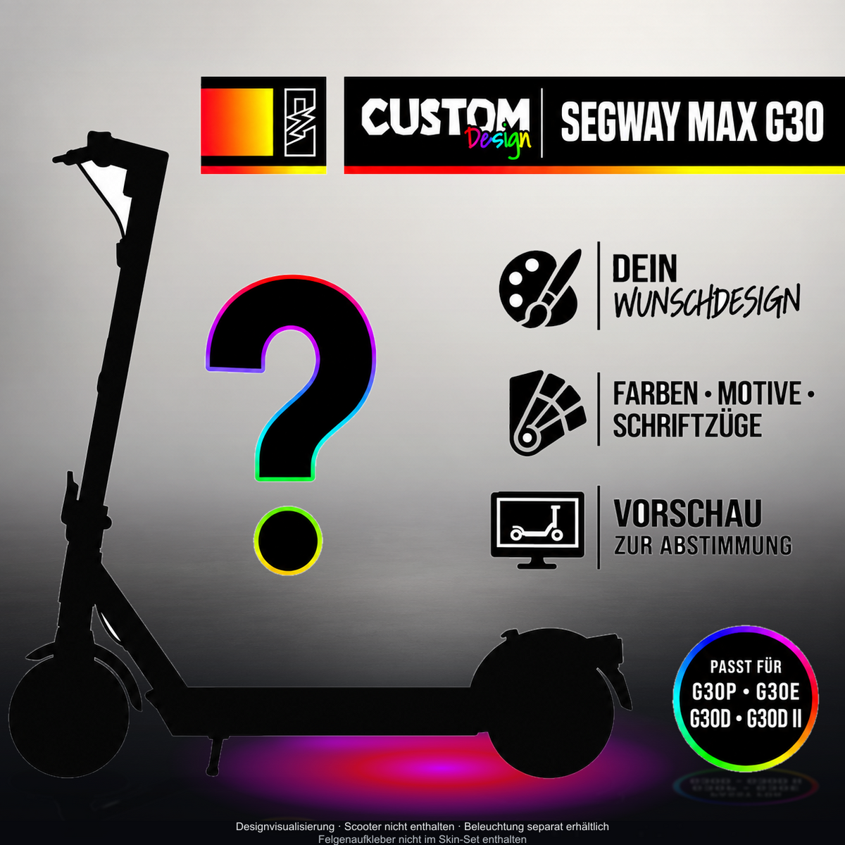 SEGWAY MAX G30 SKIN | CUSTOM – Designvisualisierung mit Licht in der Skinfarbe; Scooter nicht enthalten, Beleuchtung separat erhältlich