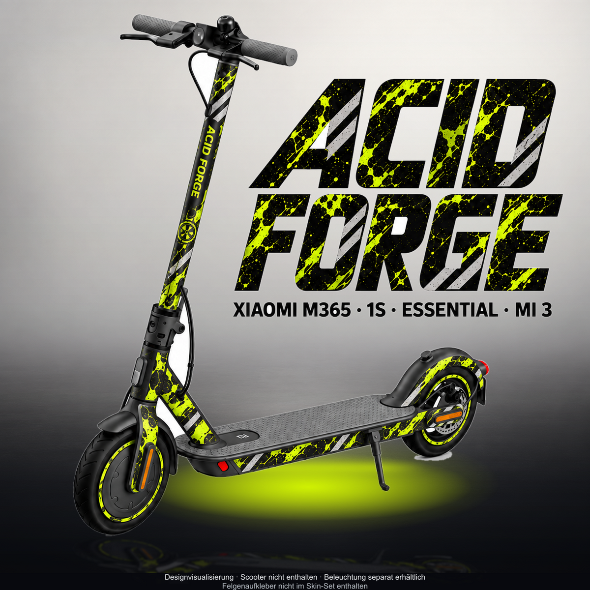 XIAOMI M365 / 1S / ESSENTIAL / MI 3 SKIN | ACID FORGE – Designvisualisierung mit Licht in der Skinfarbe; Scooter nicht enthalten, Beleuchtung separat erhältlich