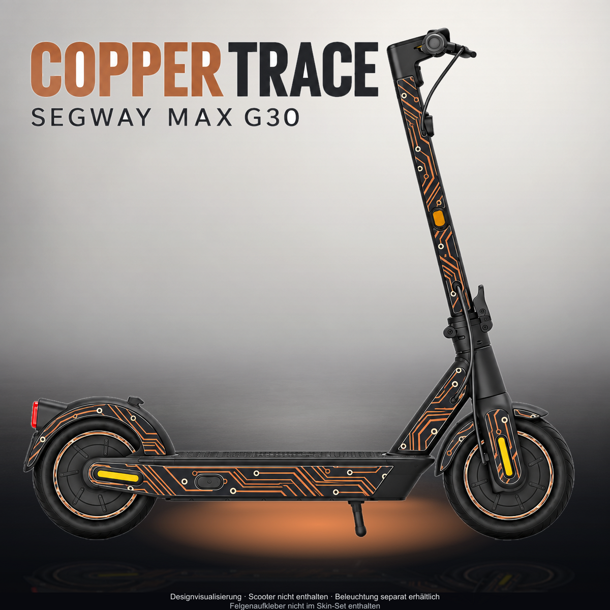 SEGWAY MAX G30 SKIN | COPPER TRACE – Designvisualisierung mit Licht in der Skinfarbe; Scooter nicht enthalten, Beleuchtung separat erhältlich