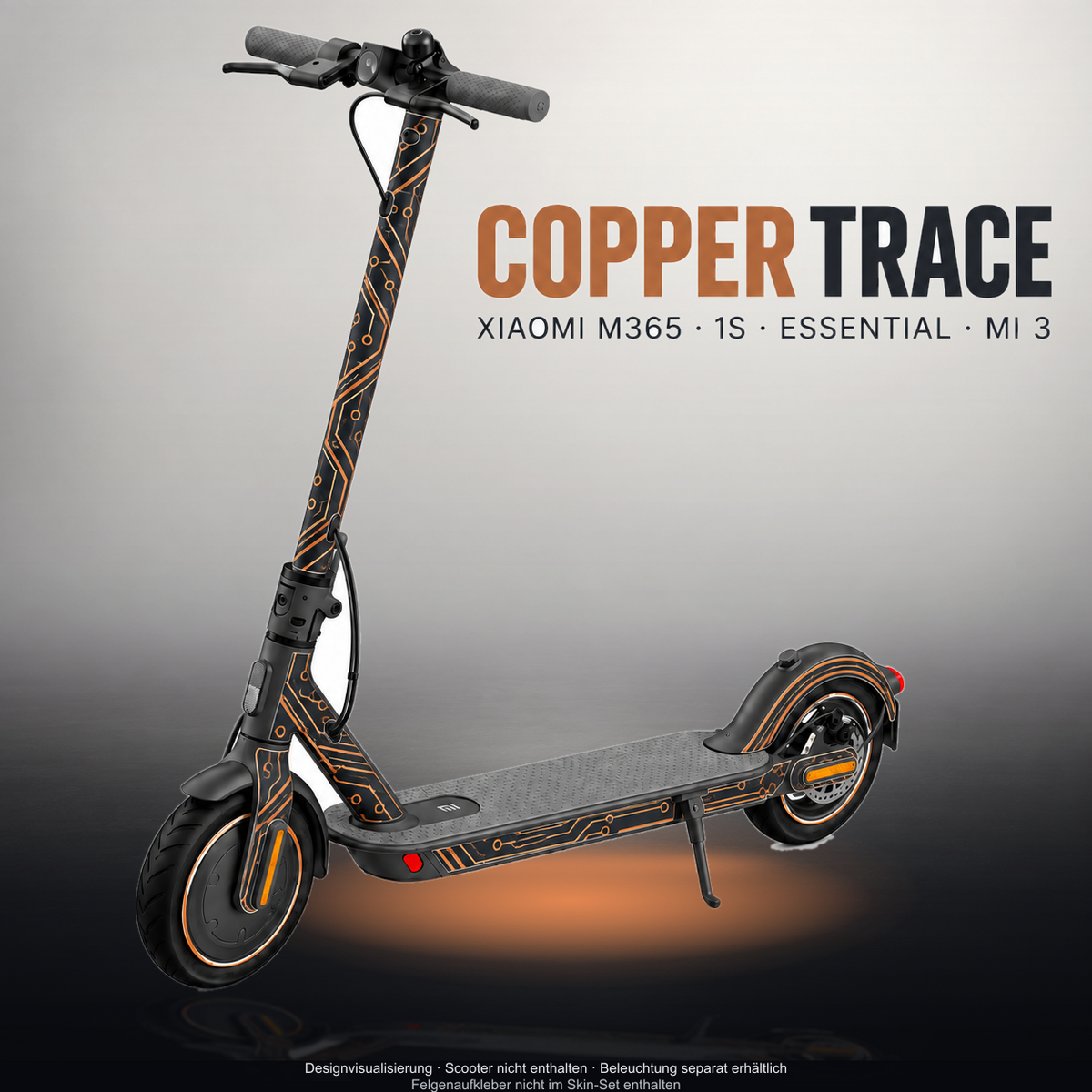 XIAOMI M365 / 1S / ESSENTIAL / MI 3 SKIN | COPPER TRACE – Designvisualisierung mit Licht in der Skinfarbe; Scooter nicht enthalten, Beleuchtung separat erhältlich