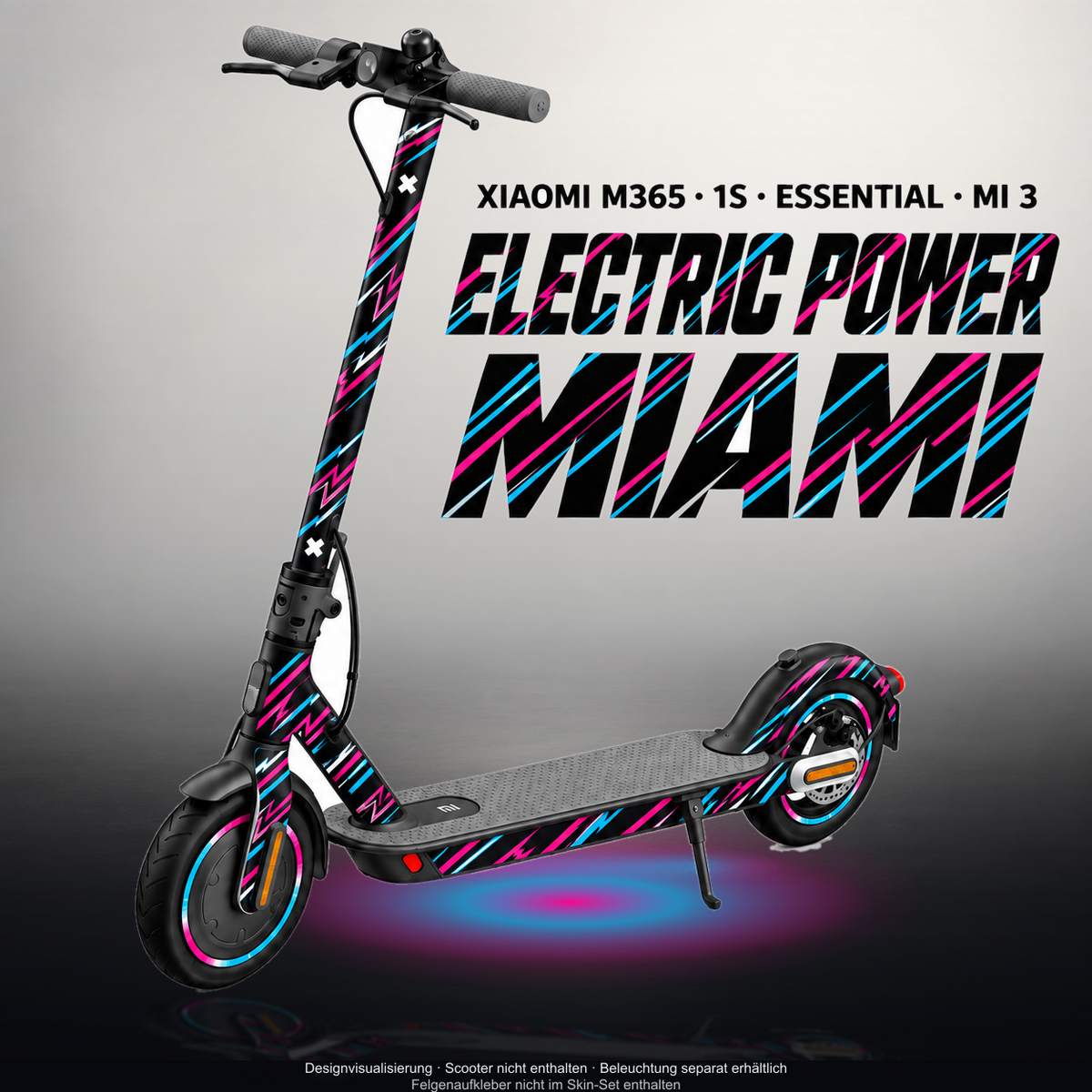 XIAOMI M365 / 1S / ESSENTIAL / MI 3 SKIN | ELECTRIC POWER MIAMI – Designvisualisierung mit Licht in der Skinfarbe; Scooter nicht enthalten, Beleuchtung separat erhältlich