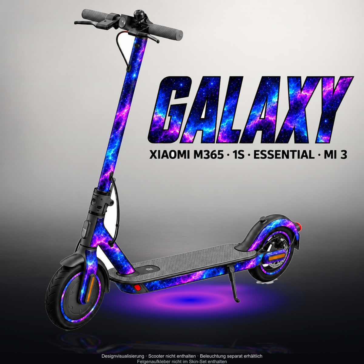 XIAOMI M365 / 1S / ESSENTIAL / MI 3 SKIN | GALAXY – Designvisualisierung mit Licht in der Skinfarbe; Scooter nicht enthalten, Beleuchtung separat erhältlich