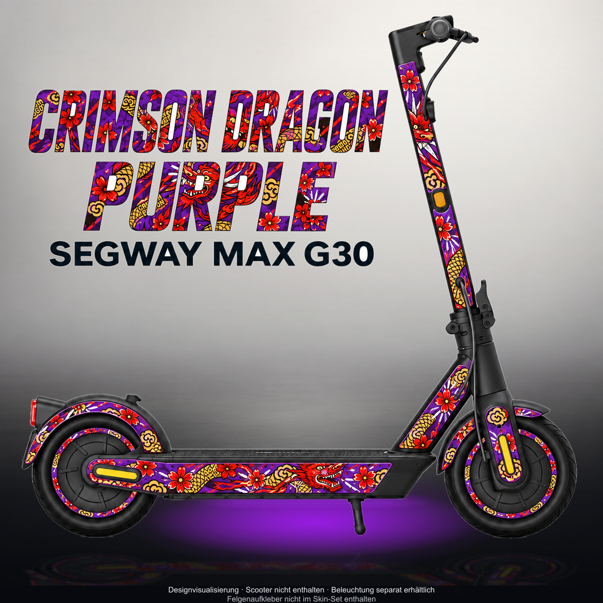 SEGWAY MAX G30 SKIN | CRIMSON DRAGON PURPLE – Designvisualisierung mit Licht in der Skinfarbe; Scooter nicht enthalten, Beleuchtung separat erhältlich