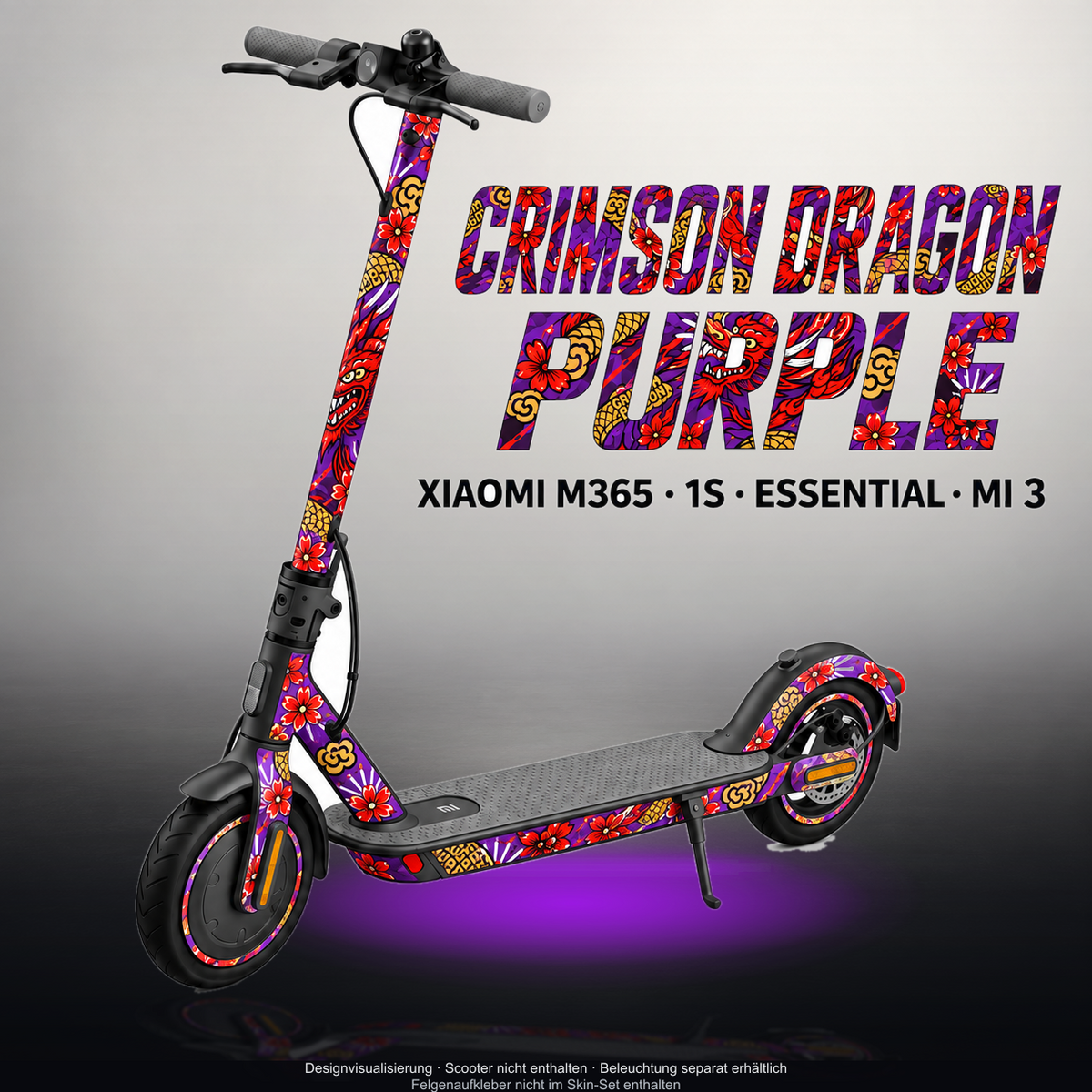 XIAOMI M365 / 1S / ESSENTIAL / MI 3 SKIN | CRIMSON DRAGON PURPLE – Designvisualisierung mit Licht in der Skinfarbe; Scooter nicht enthalten, Beleuchtung separat erhältlich
