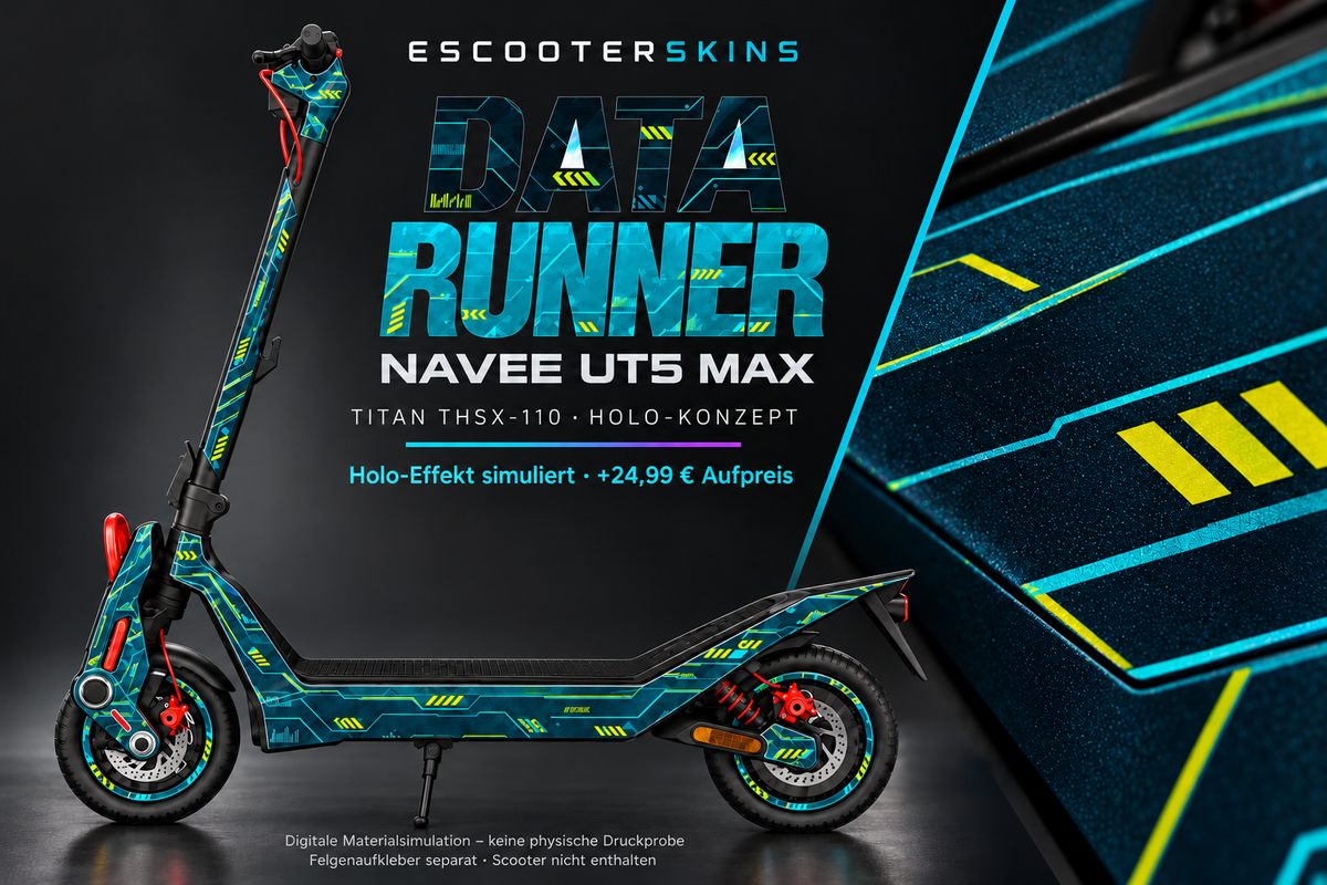 NAVEE UT5 MAX SKIN | DATA RUNNER – Holo-Effekt simuliert; +24,99 EUR Aufpreis. Digitale Materialsimulation, keine physische Druckprobe. Nur Body-Skin; Trittbrett und Felgenaufkleber separat; Scooter nicht enthalten.