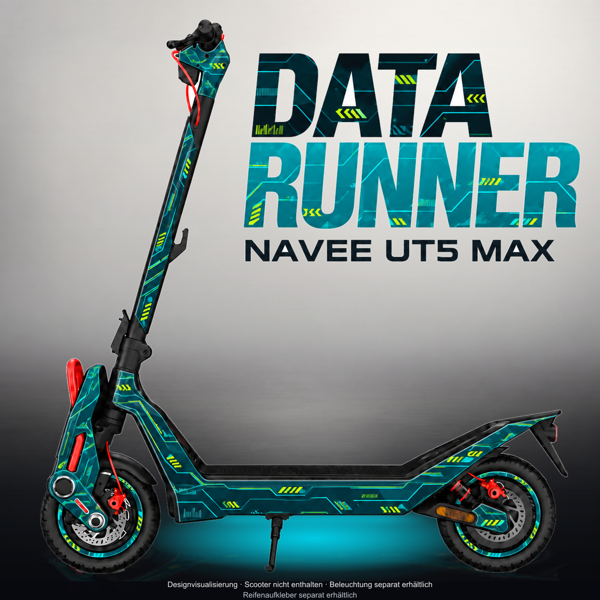 NAVEE UT5 MAX SKIN | DATA RUNNER – Designvisualisierung im Studio-Look mit Licht in der Skinfarbe; Scooter nicht enthalten, Beleuchtung separat erhältlich