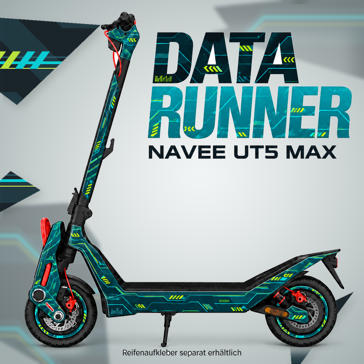 NAVEE UT5 Max Skin DATA RUNNER – Designvisualisierung. Reifenaufkleber separat erhältlich. Scooter nicht enthalten.