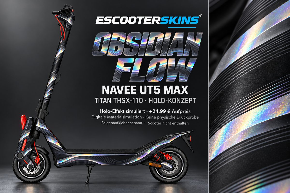 NAVEE UT5 MAX SKIN | OBSIDIAN FLOW – Holo-Effekt simuliert; +24,99 EUR Aufpreis. Digitale Materialsimulation, keine physische Druckprobe. Nur Body-Skin; Trittbrett und Felgenaufkleber separat; Scooter nicht enthalten.