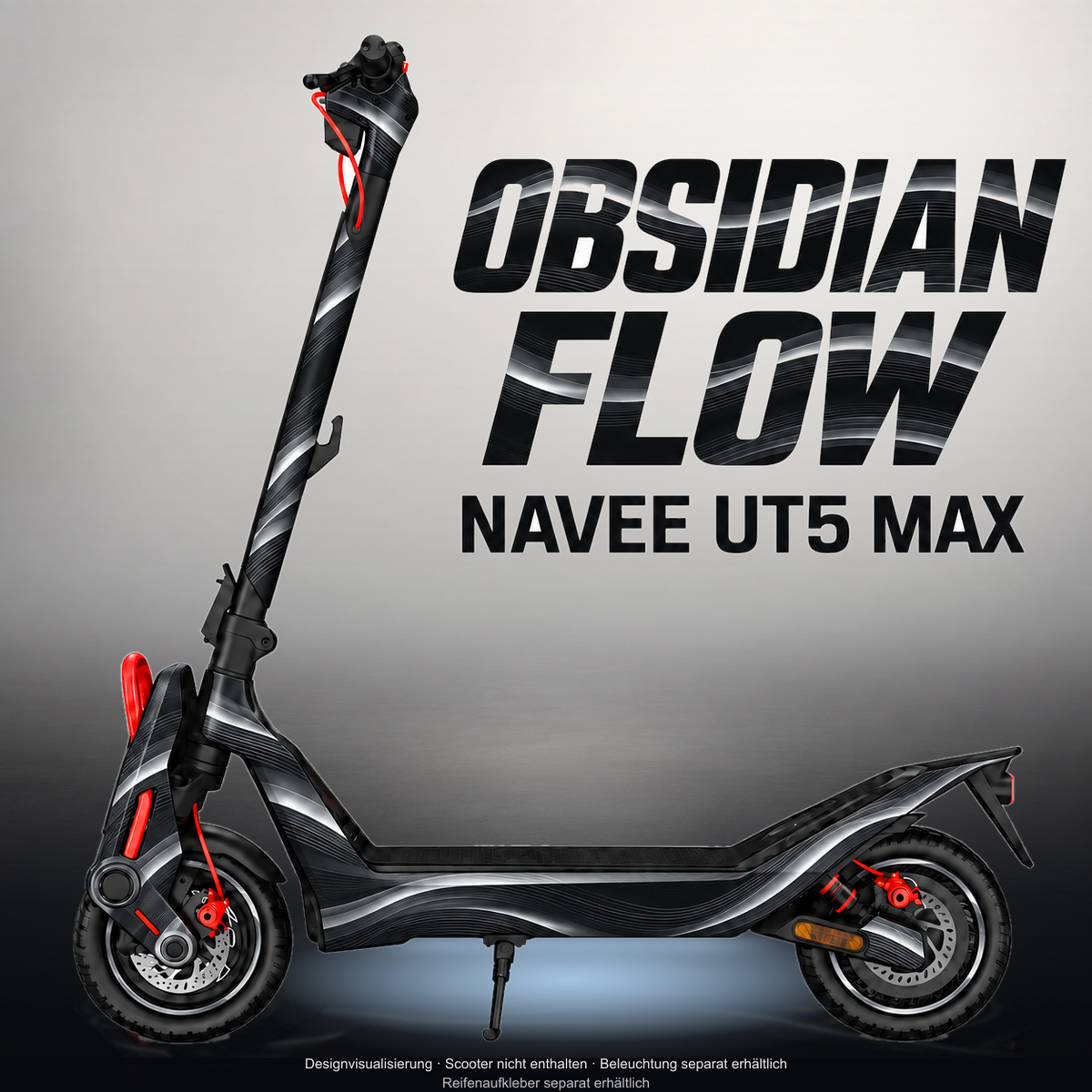 NAVEE UT5 MAX SKIN | OBSIDIAN FLOW – Designvisualisierung im Studio-Look mit Licht in der Skinfarbe; Scooter nicht enthalten, Beleuchtung separat erhältlich