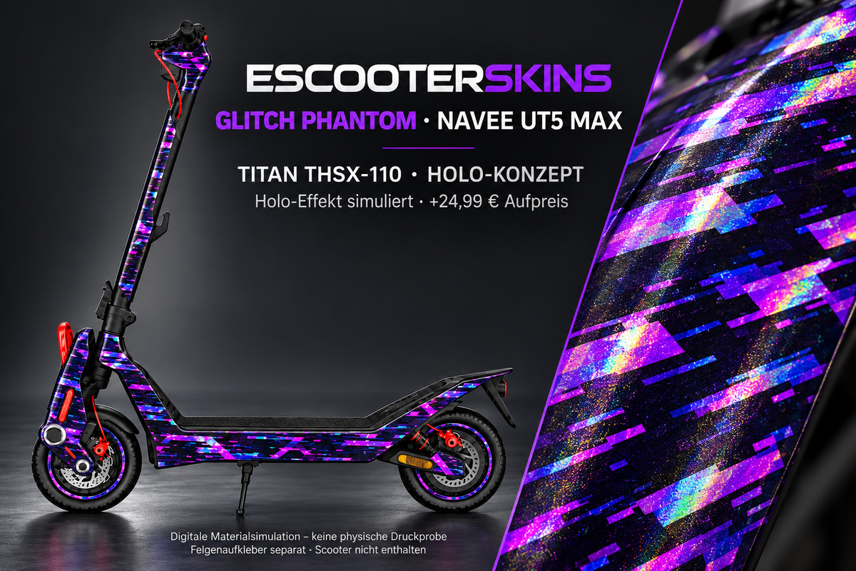 NAVEE UT5 MAX SKIN | GLITCH PHANTOM – Holo-Effekt simuliert; +24,99 EUR Aufpreis. Digitale Materialsimulation, keine physische Druckprobe. Nur Body-Skin; Trittbrett und Felgenaufkleber separat; Scooter nicht enthalten.