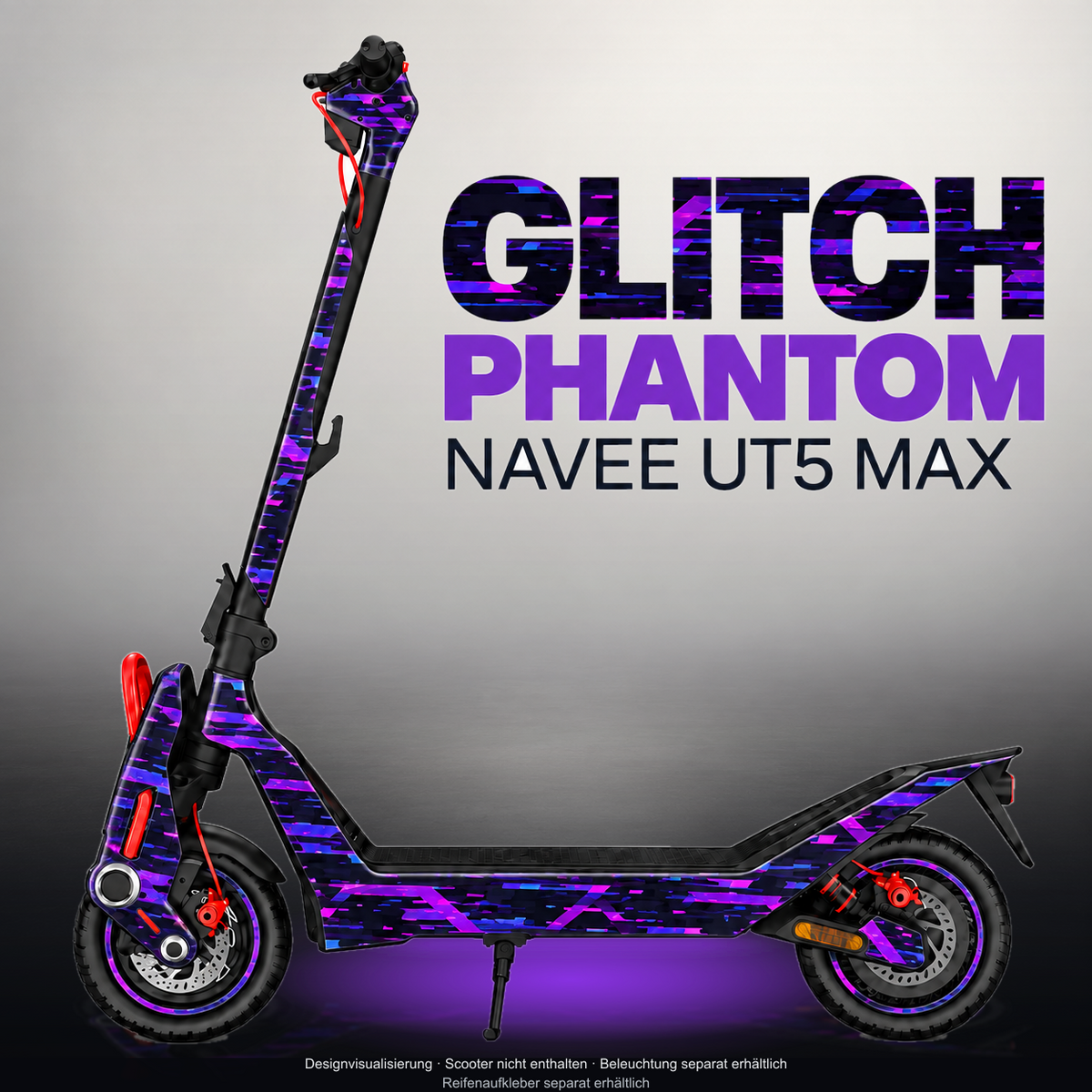 NAVEE UT5 MAX SKIN | GLITCH PHANTOM – Designvisualisierung im Studio-Look mit Licht in der Skinfarbe; Scooter nicht enthalten, Beleuchtung separat erhältlich