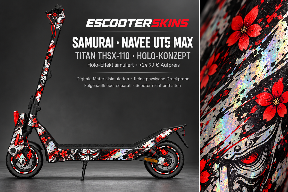 NAVEE UT5 MAX SKIN | SAMURAI – Holo-Effekt simuliert; +24,99 EUR Aufpreis. Digitale Materialsimulation, keine physische Druckprobe. Nur Body-Skin; Trittbrett und Felgenaufkleber separat; Scooter nicht enthalten.