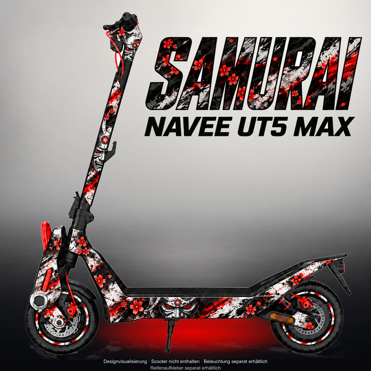 NAVEE UT5 MAX SKIN | SAMURAI – Designvisualisierung im Studio-Look mit Licht in der Skinfarbe; Scooter nicht enthalten, Beleuchtung separat erhältlich