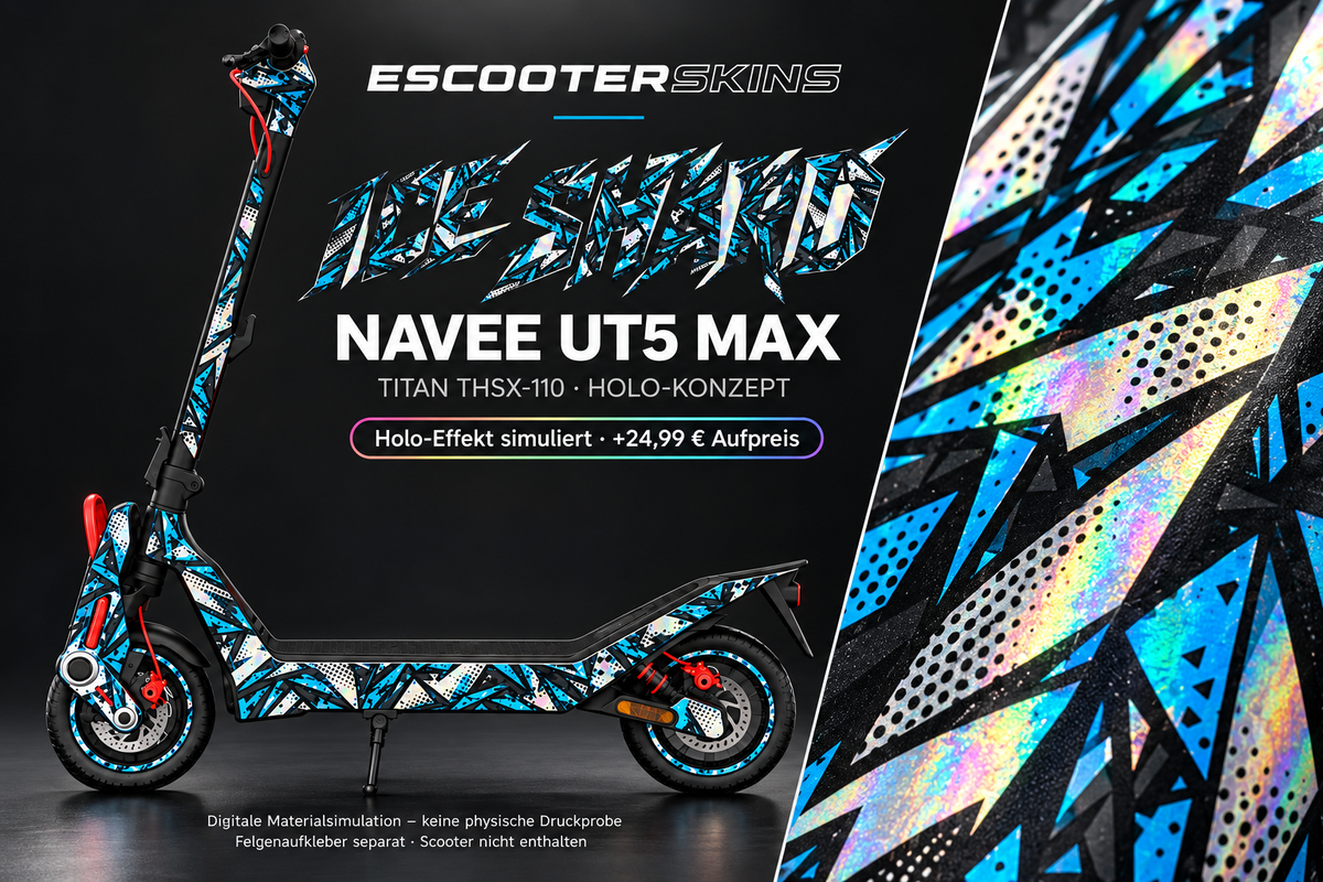NAVEE UT5 MAX SKIN | ICE SHARD – Holo-Effekt simuliert; +24,99 EUR Aufpreis. Digitale Materialsimulation, keine physische Druckprobe. Nur Body-Skin; Trittbrett und Felgenaufkleber separat; Scooter nicht enthalten.