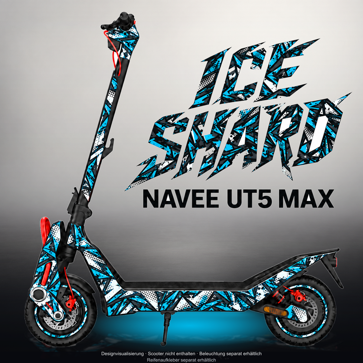 NAVEE UT5 MAX SKIN | ICE SHARD – Designvisualisierung im Studio-Look mit Licht in der Skinfarbe; Scooter nicht enthalten, Beleuchtung separat erhältlich