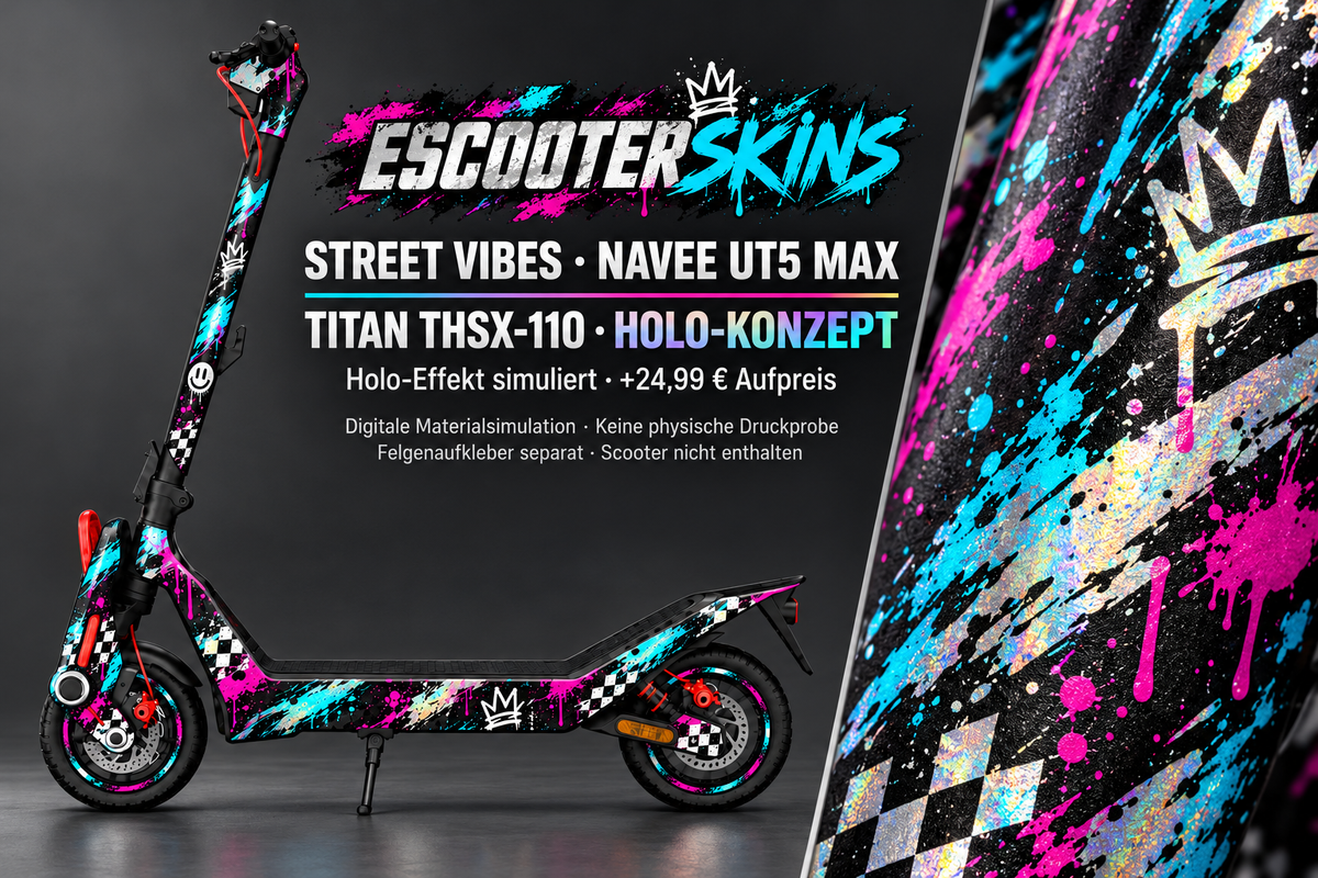 NAVEE UT5 MAX SKIN | STREET VIBES – Holo-Effekt simuliert; +24,99 EUR Aufpreis. Digitale Materialsimulation, keine physische Druckprobe. Nur Body-Skin; Trittbrett und Felgenaufkleber separat; Scooter nicht enthalten.