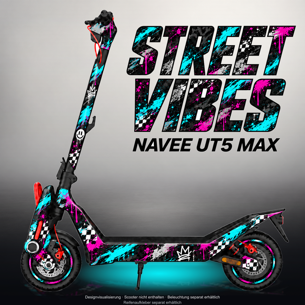 NAVEE UT5 MAX SKIN | STREET VIBES – Designvisualisierung im Studio-Look mit Licht in der Skinfarbe; Scooter nicht enthalten, Beleuchtung separat erhältlich
