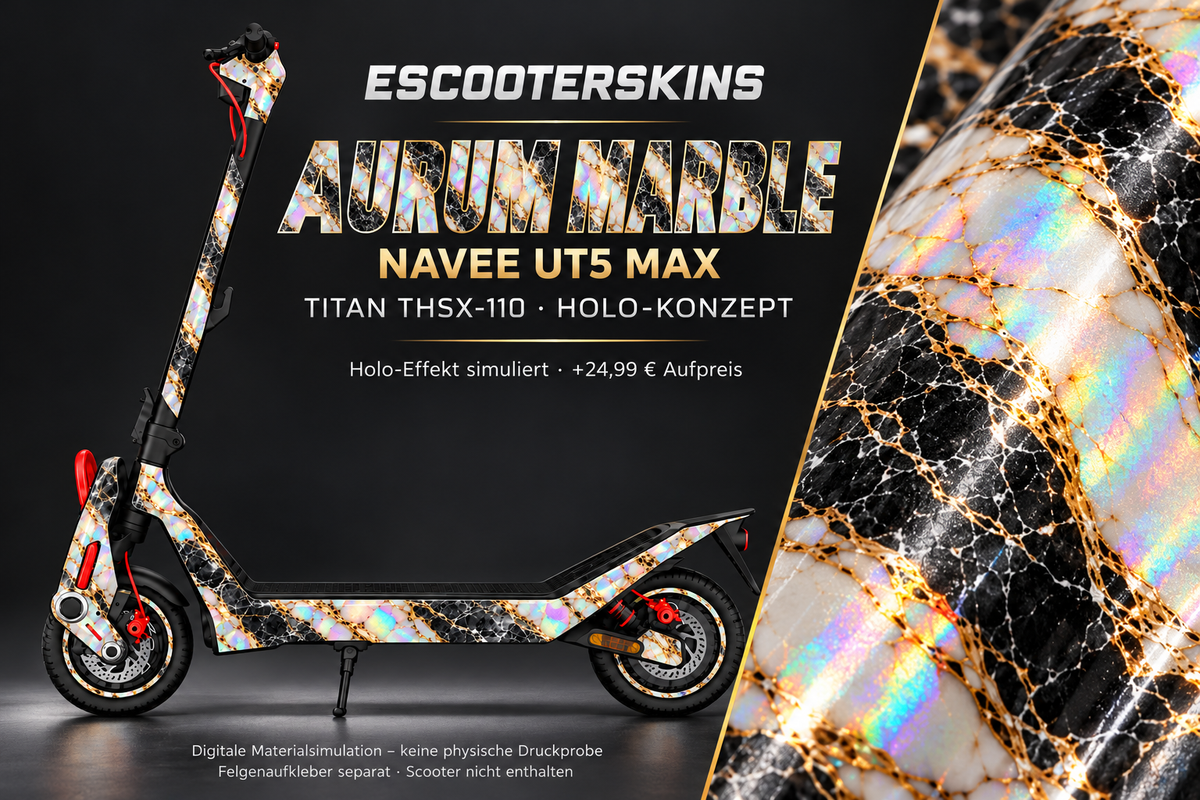 NAVEE UT5 MAX SKIN | AURUM MARBLE – Holo-Effekt simuliert; +24,99 EUR Aufpreis. Digitale Materialsimulation, keine physische Druckprobe. Nur Body-Skin; Trittbrett und Felgenaufkleber separat; Scooter nicht enthalten.