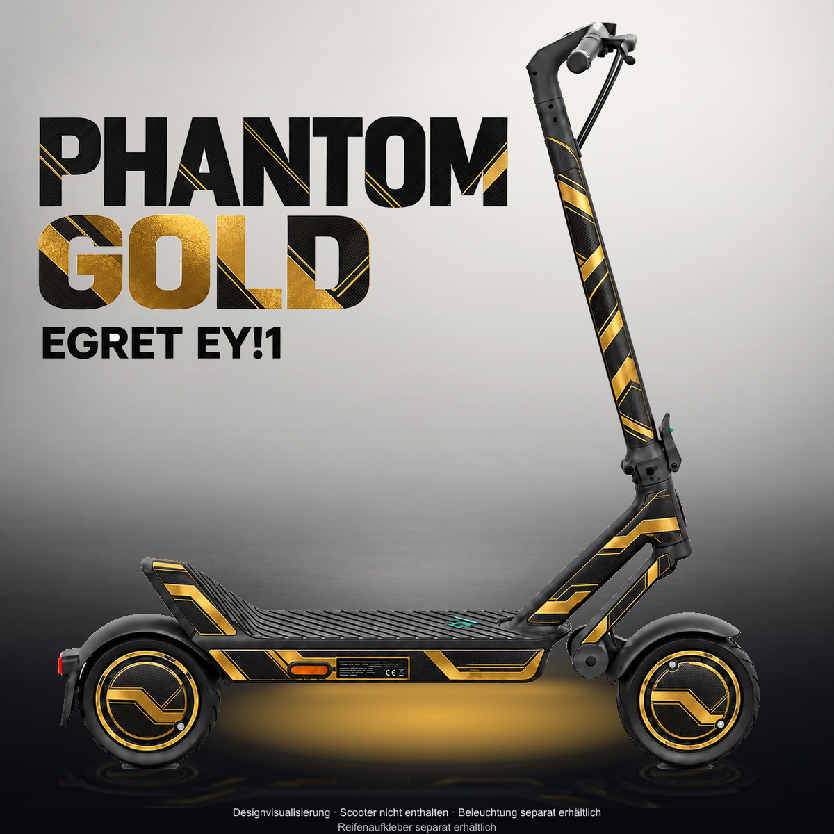 EGRET EY!1 SKIN | PHANTOM GOLD – Designvisualisierung im Studio-Look mit Licht in der Skinfarbe; Scooter nicht enthalten, Beleuchtung separat erhältlich